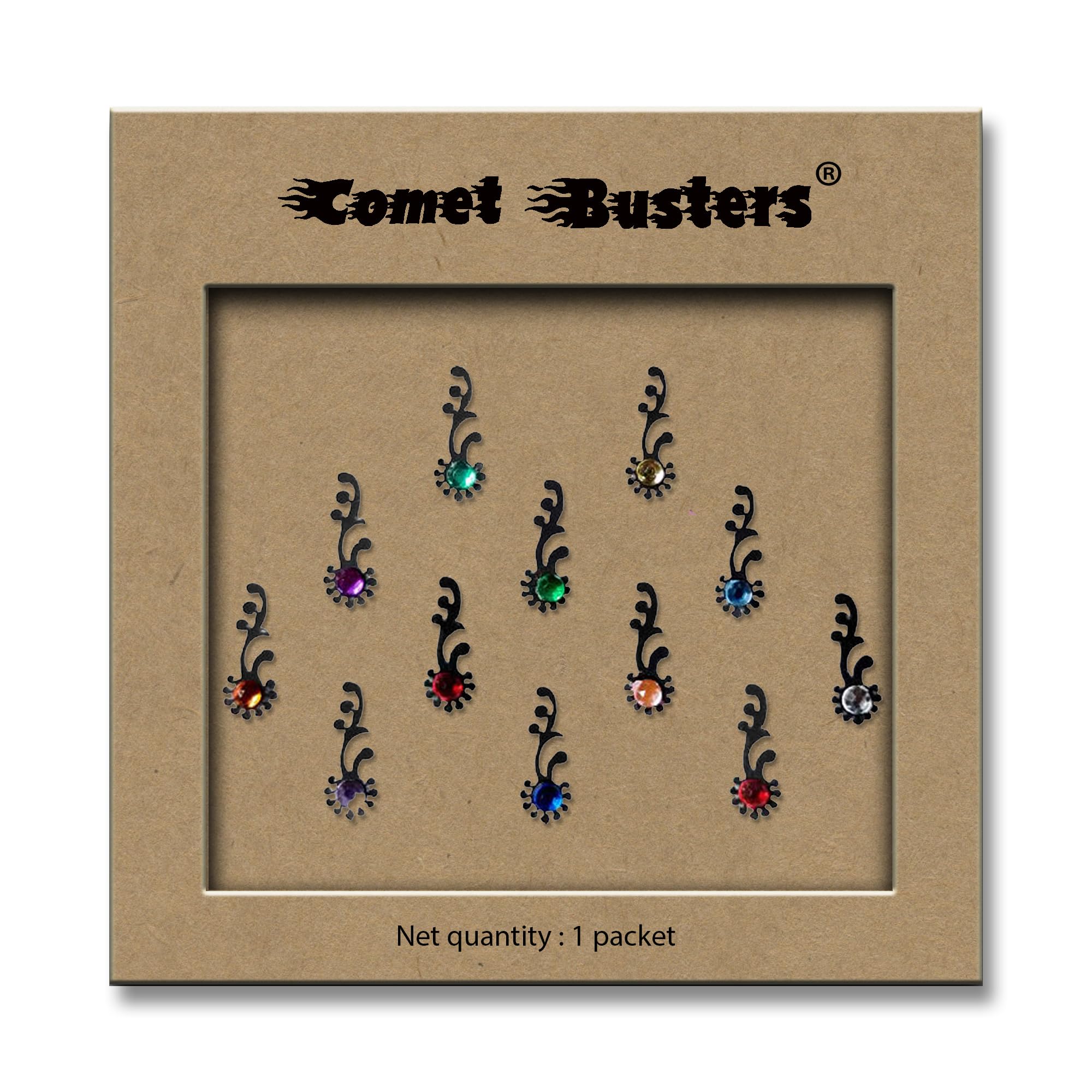 Comet Busters 8mm Black Bindi with Multicolor Stones - Traditional Indian Forehead Jewelry for Weddings, Festivals & Special Occasions (BIN288)