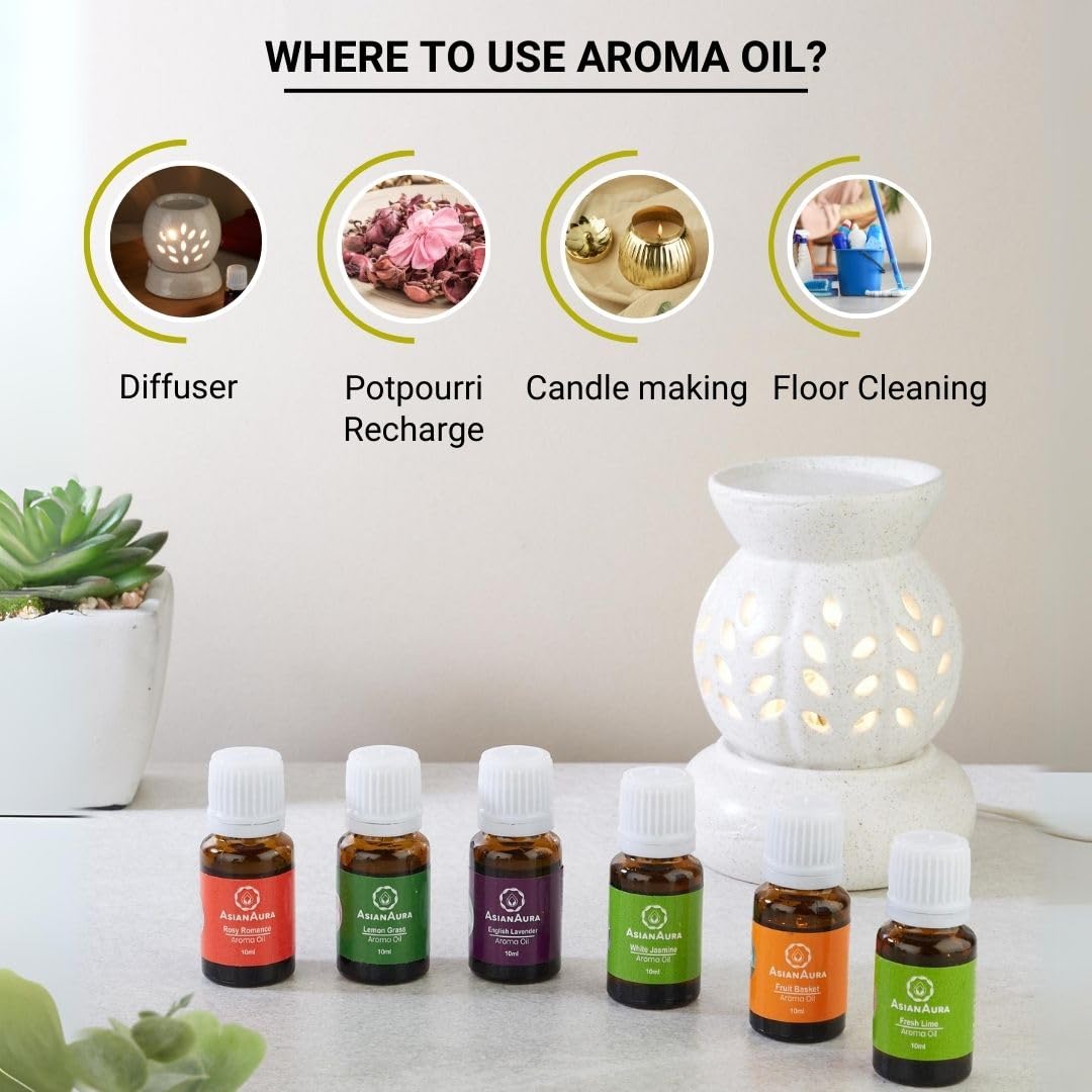 Premium Aromatherapy Essential Oil Set - 6 Pack (10ml Each) with Fresh Lime, Rosy Romance, White Jasmine, English Lavender, Lemon Grass & Fruit Basket Scents | Asian Aura Diffuser Oils for Home Relaxation, Spa, Yoga & Meditation | Natural Fragrance for Stress Relief & Mood Enhancement