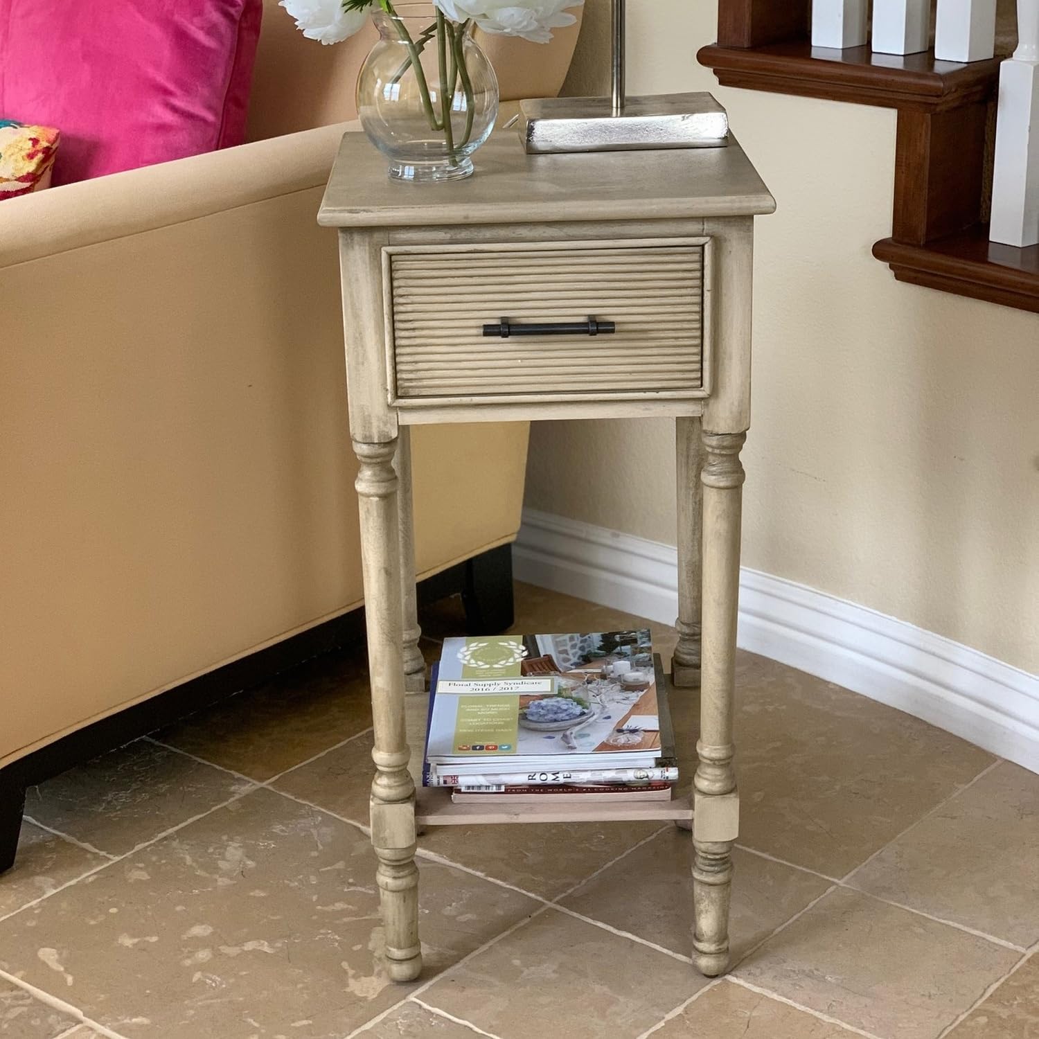 French Country Style Accent Storage End Table - Distressed Beige Finish | Perfect for Living Room, Bedroom & Entryway Decor