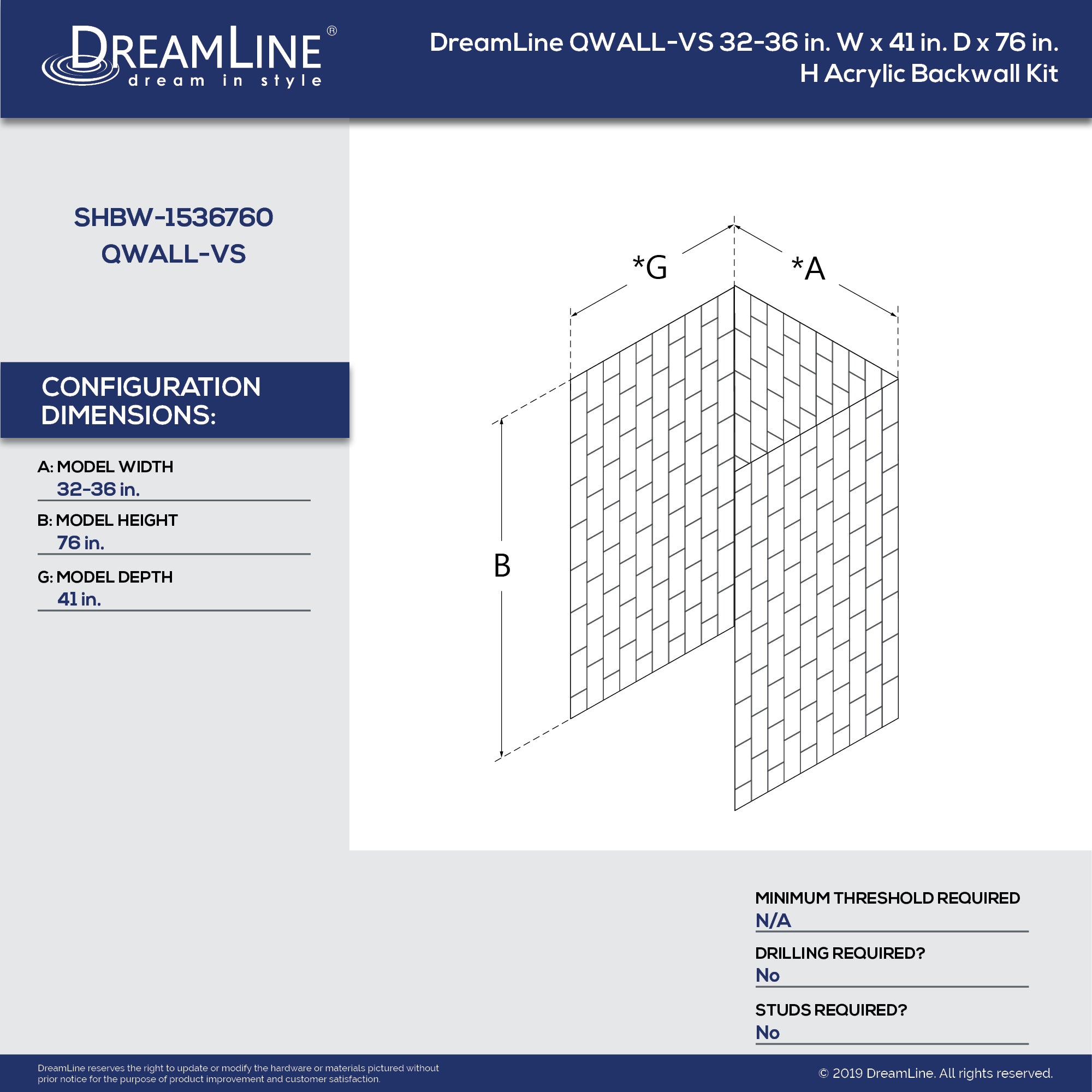 DreamLine QWALL VS 32-36 Inch Frameless Shower Enclosure Kit - Acrylic Backwall with Clear Glass (41.5