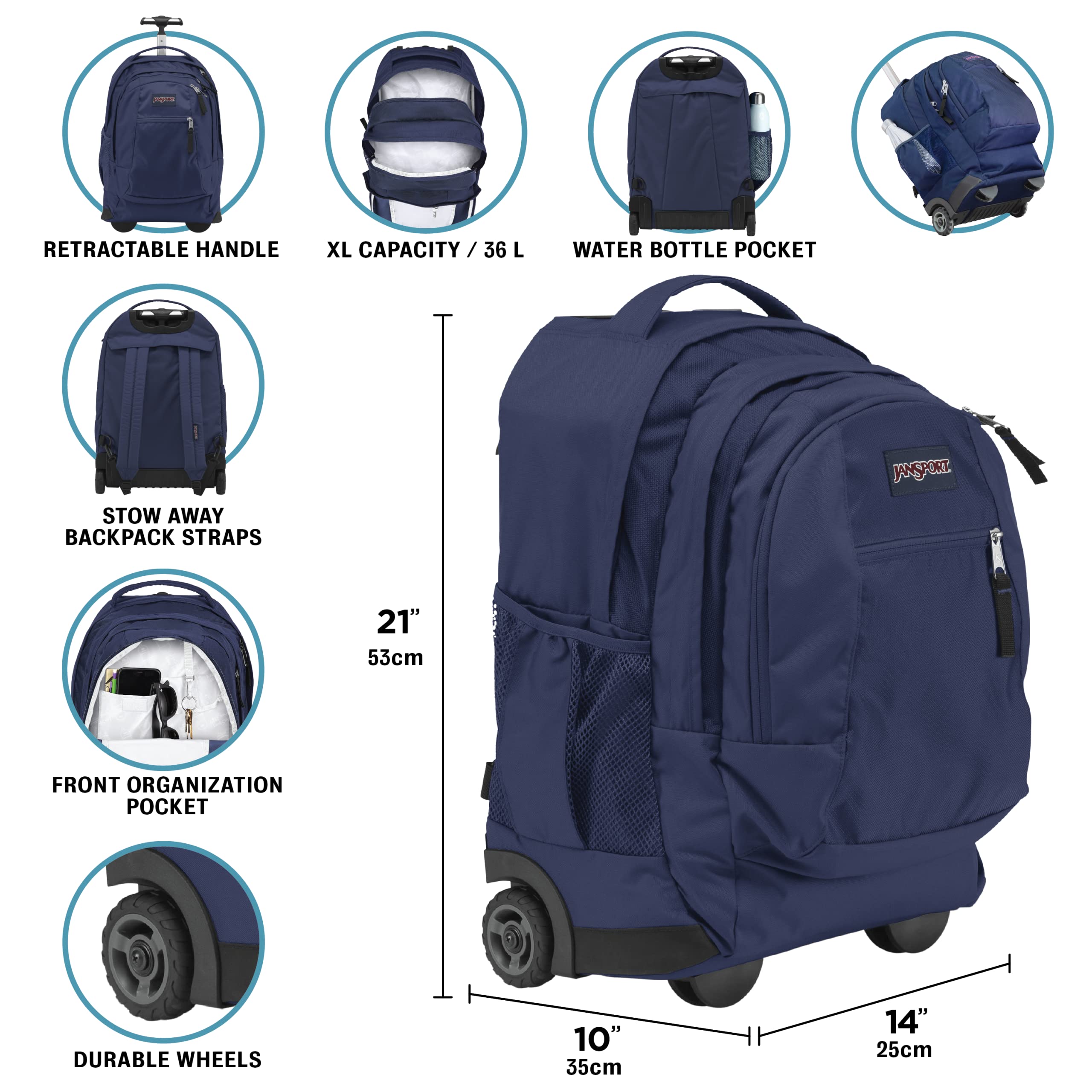JanSport Driver 8 Wheeled Rolling Backpack - Black Travel Laptop Backpack with 15-Inch Sleeve, Durable Carry-On Bag for School, College, Business Trips & Airplane Travel