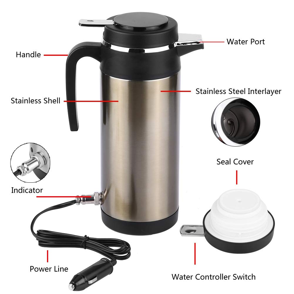 Keenso 12V/24V 1200ML Stainless Steel Electric Car Travel Tea Heater - Auto Heating Cup for Coffee, Tea & Beverages - Perfect for Road Trips, Camping & Office Use