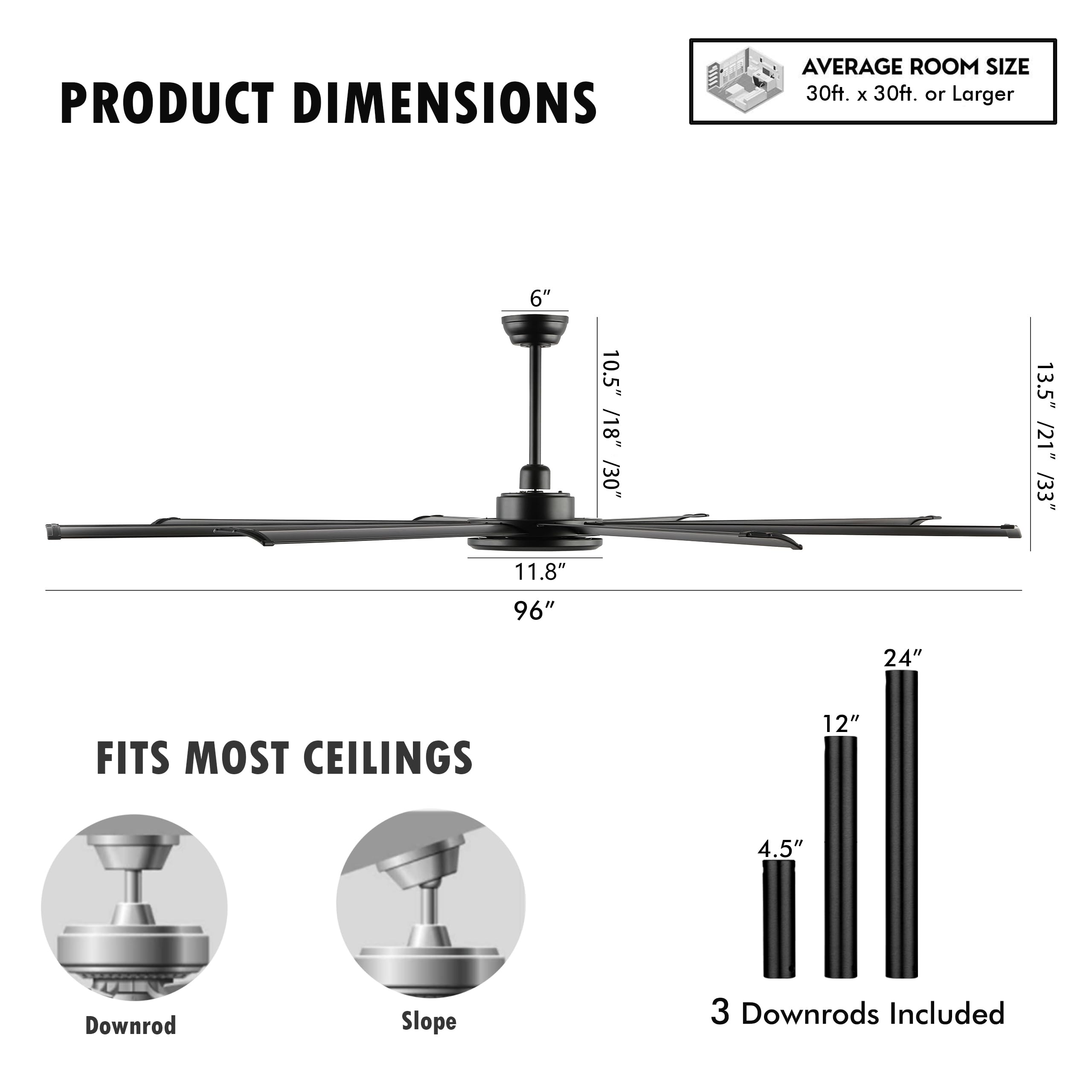 96 Inch Industrial DC Ceiling Fan with Lights & Remote - Matte Black 8-Blade Aluminum Fan, 6-Speed Reversible Motor for Home, Office & Warehouse - Energy Efficient Cooling for Large Spaces