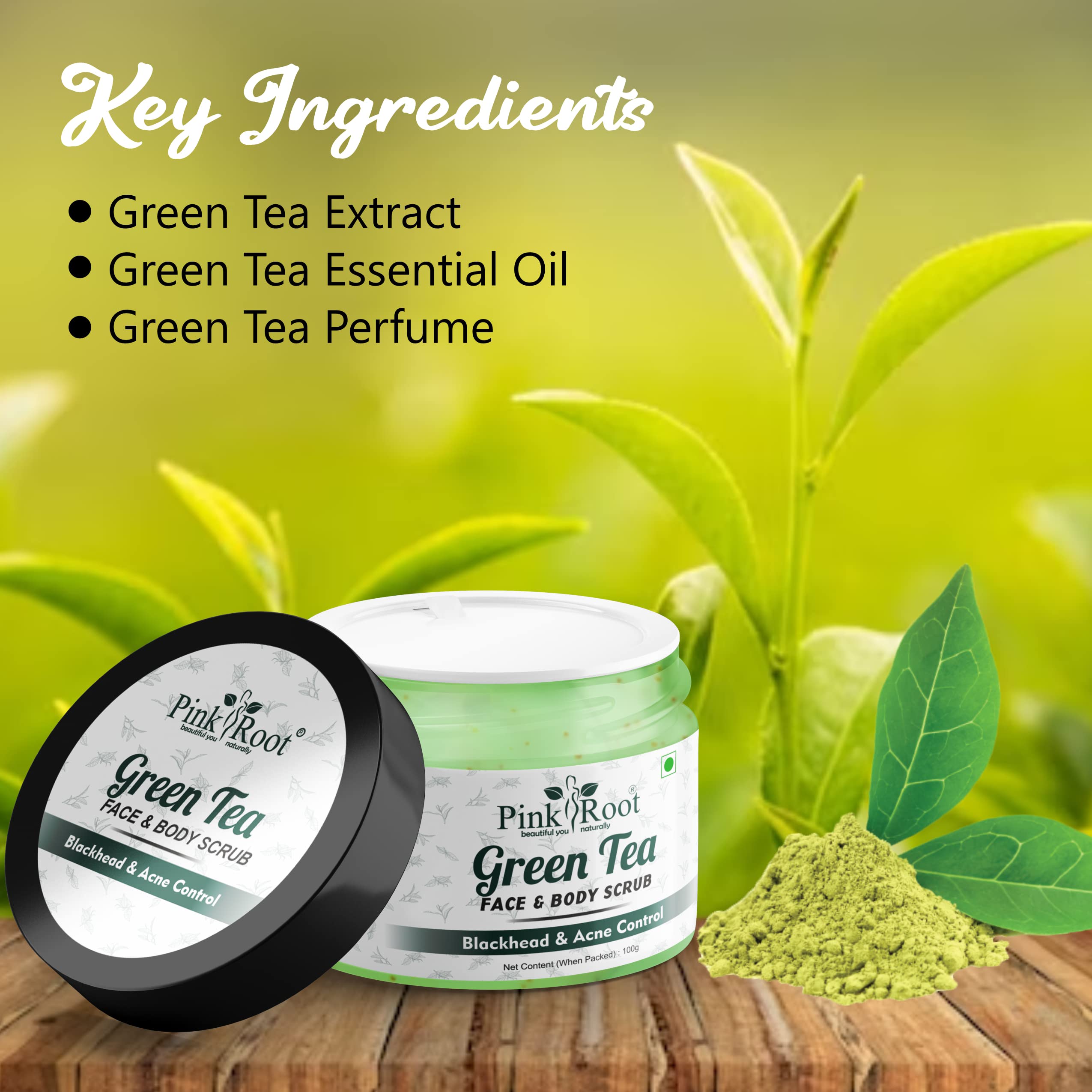 Organic Pink Root Green Tea Face & Body Scrub 100g - Exfoliating & Brightening Skincare for Glowing Skin - Perfect for Daily Use & Spa Days