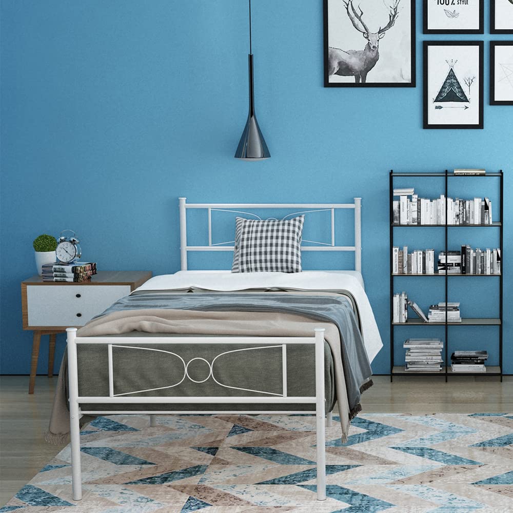 White Twin Bed Frame with Headboard Storage - Sturdy Metal Platform Bed for Kids, Teens & Adults - No Box Spring Needed - Noise-Free & Anti-Slip Mattress Foundation with Steel Slats - Perfect for Small Bedrooms, Guest Rooms & Dormitories