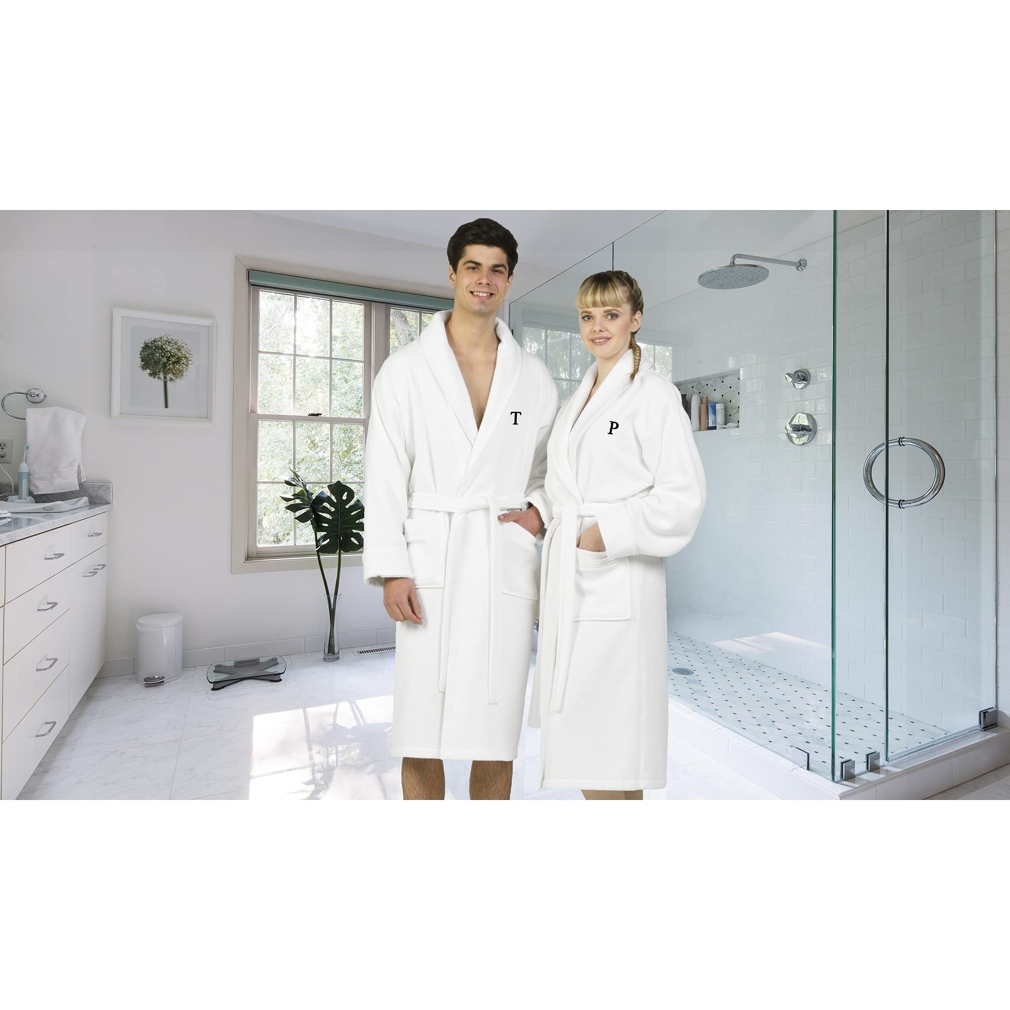 Premium White Unisex Turkish Cotton Waffle Weave Terry Bathrobe with Black Monogram - Soft & Absorbent - Sizes Q L-XL - Perfect for Spa, Hotel, and Home Relaxation