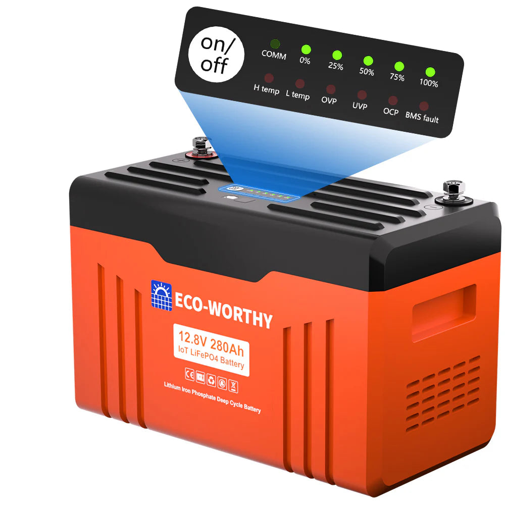 ECO WORTHY 12V 280AH LiFePO4 Deep Cycle Battery with SOC Indicator & Low Temperature Protection - Perfect for Solar Power Systems, RVs, Marine, and Off-Grid Applications