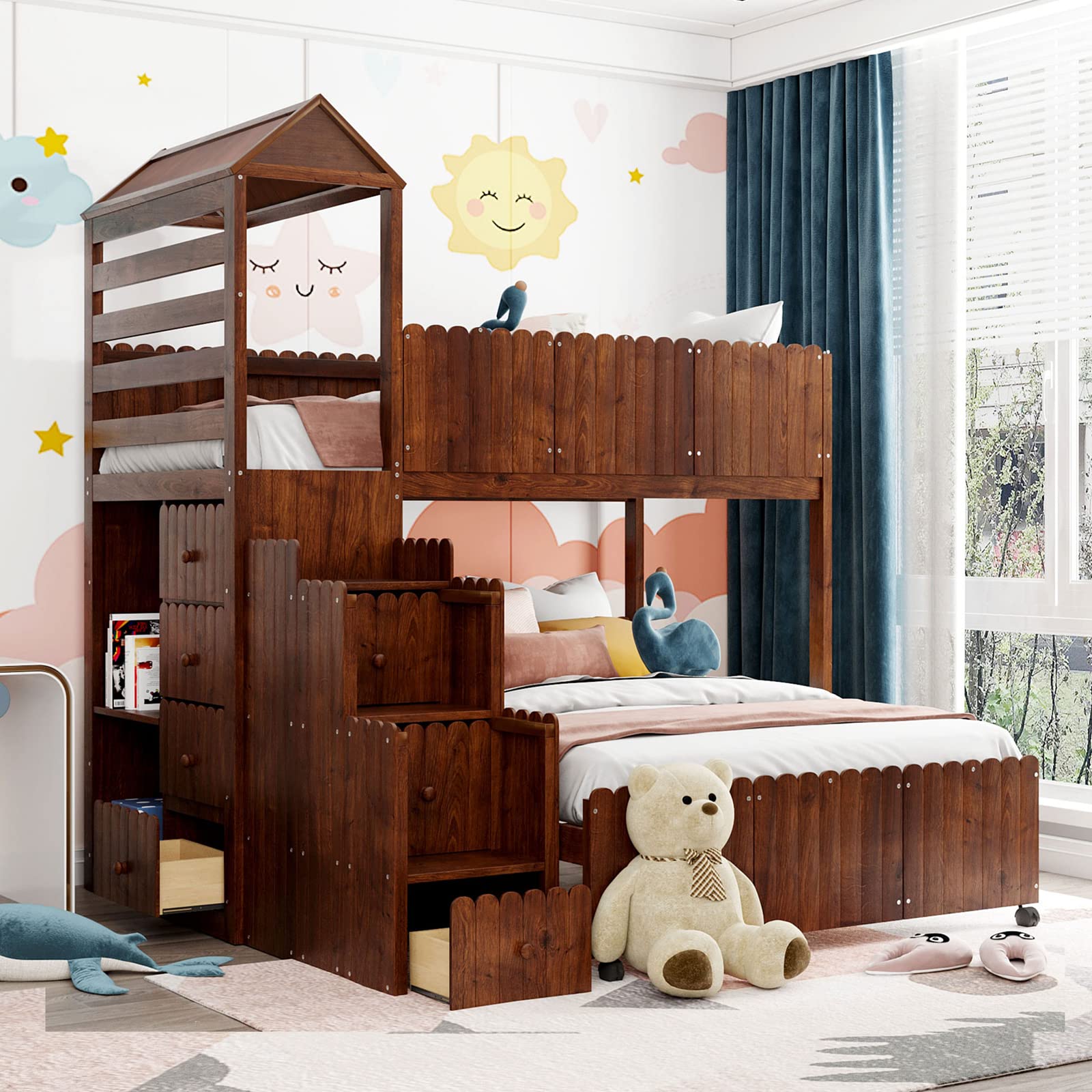 Twin Over Full Bunk Bed with Stairs & 7 Storage Drawers - Solid Wood Loft Bed with 2 Shelves & Separate Platform - Space-Saving Kids Bedroom Furniture for Boys & Girls (Walnut Finish) - Perfect for Small Rooms, Shared Kids' Bedrooms & Vacation Homes