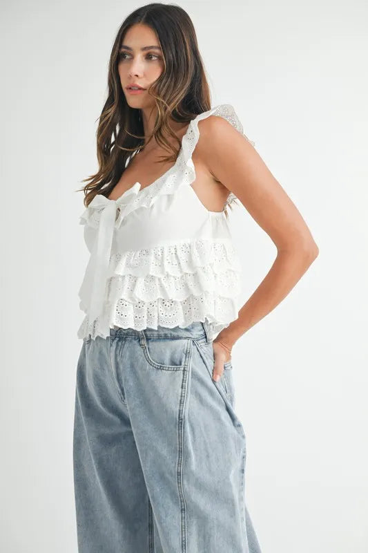 Lace Eyelet Embroidered Front Tie Ruffle Summer Top - Women's Floral Blouse for Beach, Vacation & Casual Outings