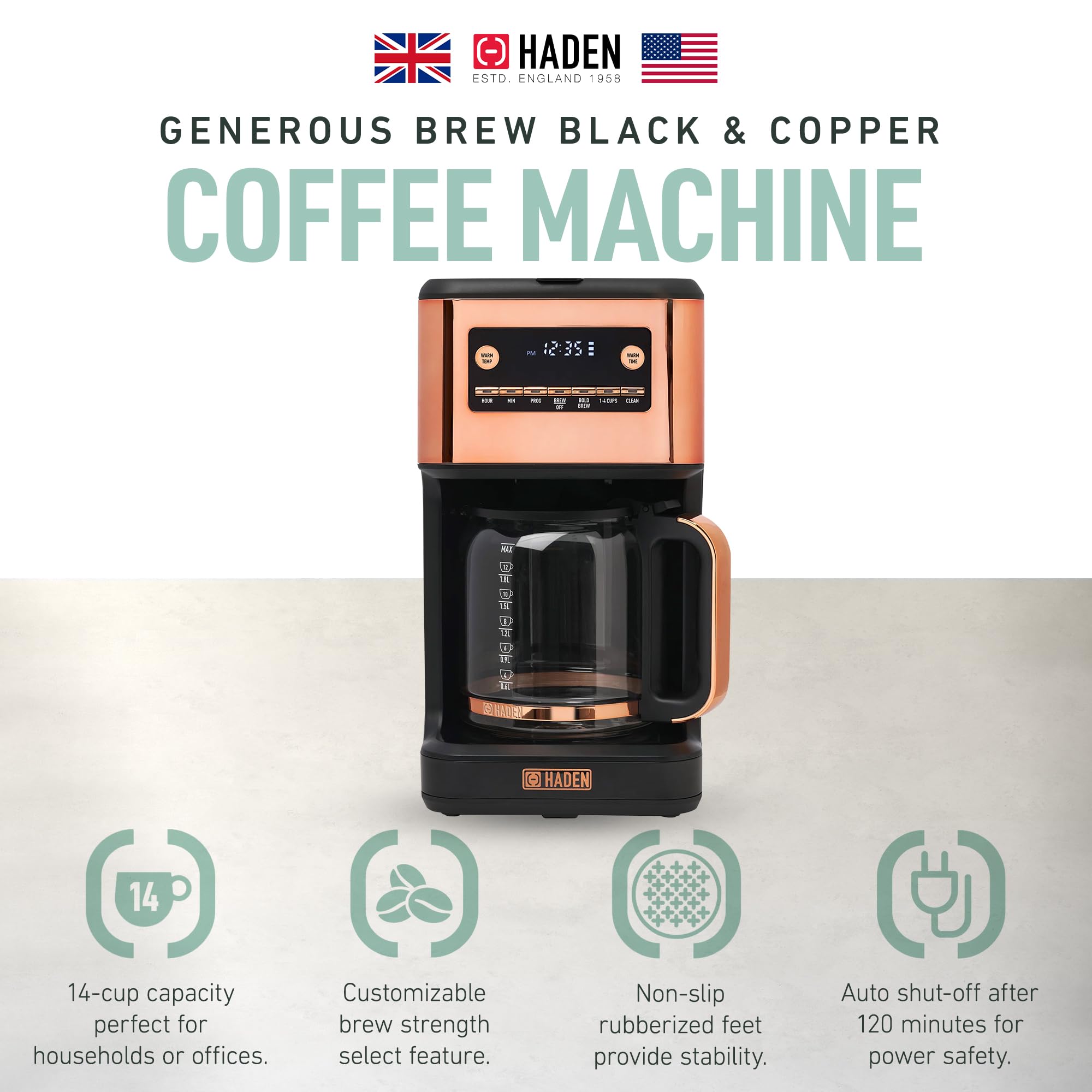 HADEN 14-Cup Programmable Coffee Maker with 120-Minute Keep Warm, Delay Brew & Adjustable Strength - Black/Copper - Perfect for Home, Office & Entertaining