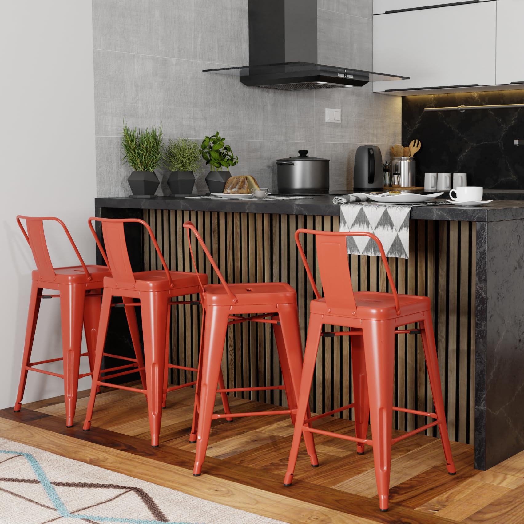 SIMPLIHOME Rayne 24-inch Metal Counter Height Bar Stools (Set of 4) - Orange Industrial Style Kitchen Island & Breakfast Nook Stools for Dining Room, Bar, and Home Decor