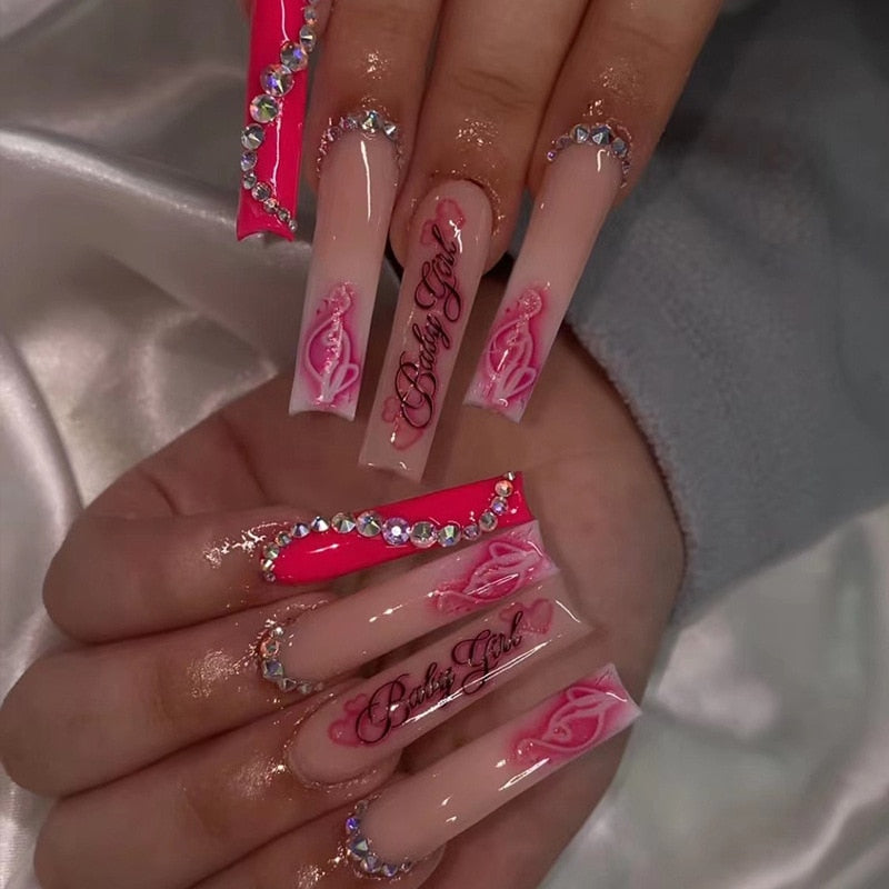 24Pcs Heart Design Press on Fake Nails with Glue - Long Artificial False Nails for Women, Detachable Nail Tips for Parties, Weddings & Special Occasions