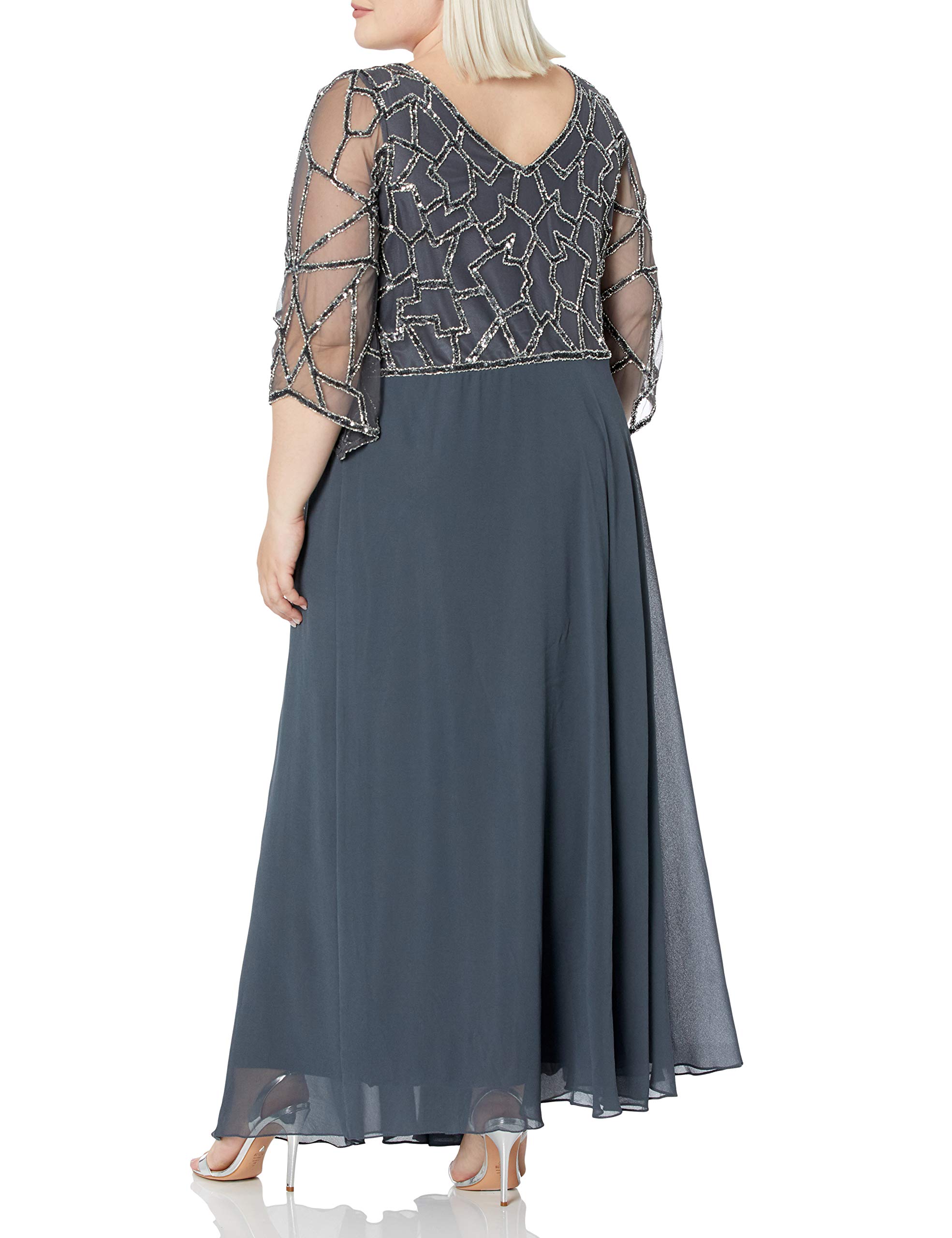 J Kara Women's Plus Size 3/4 Sleeve V-Neck Geometric Beaded Maxi Dress for Evening Parties, Weddings & Special Occasions
