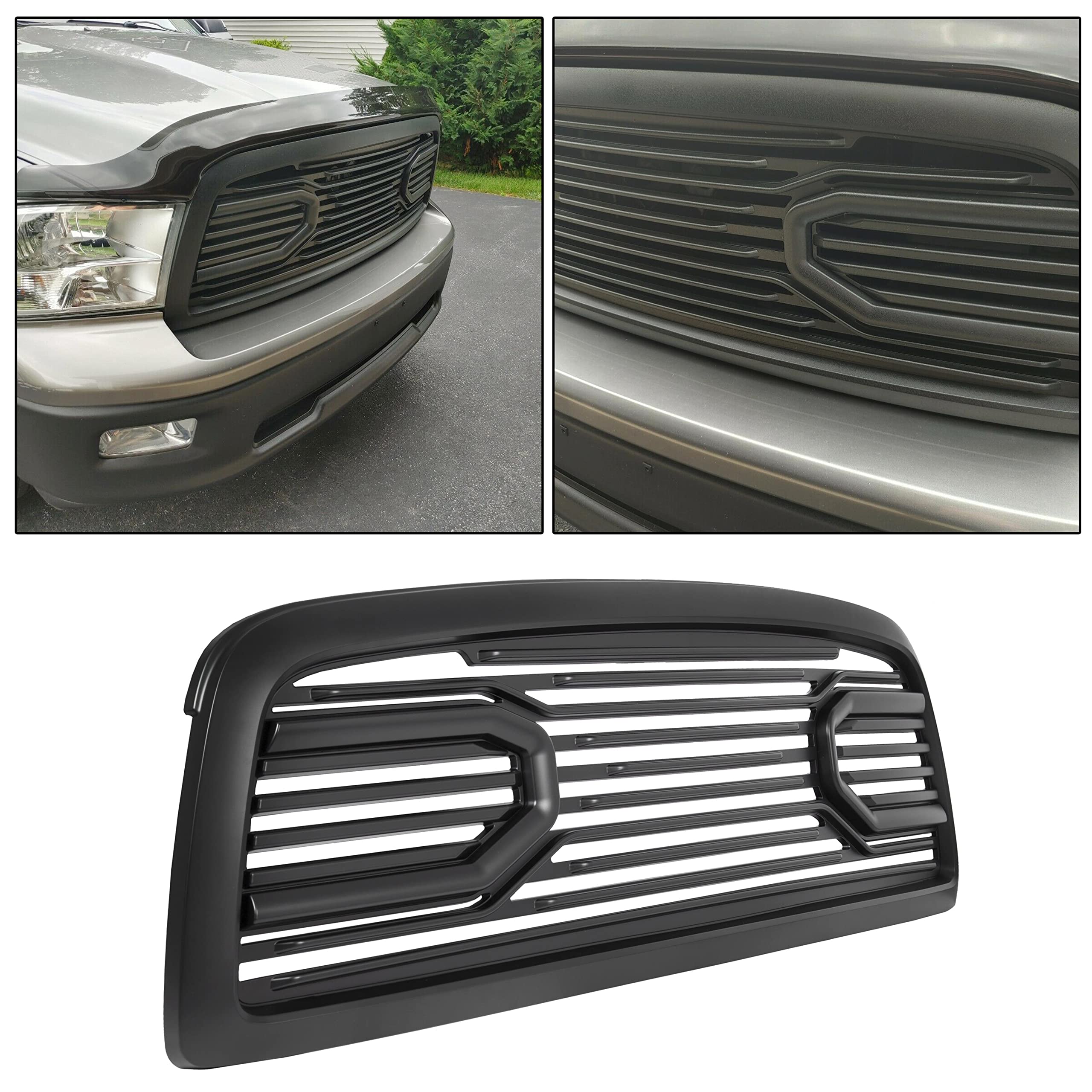 ECOTRIC Black Front Hood Bumper Grille Grill for 2009-2012 Dodge Ram 1500 (Without Lights) - Durable Replacement for Off-Road & Daily Driving