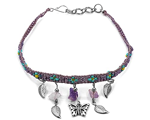 Handmade Boho Butterfly Charm Metal Leaf Dangle Anklet with Seed Beads & Chip Stones - Women's Floral Fashion Jewelry | Perfect for Summer Outfits, Beach Vacations & Festival Accessories