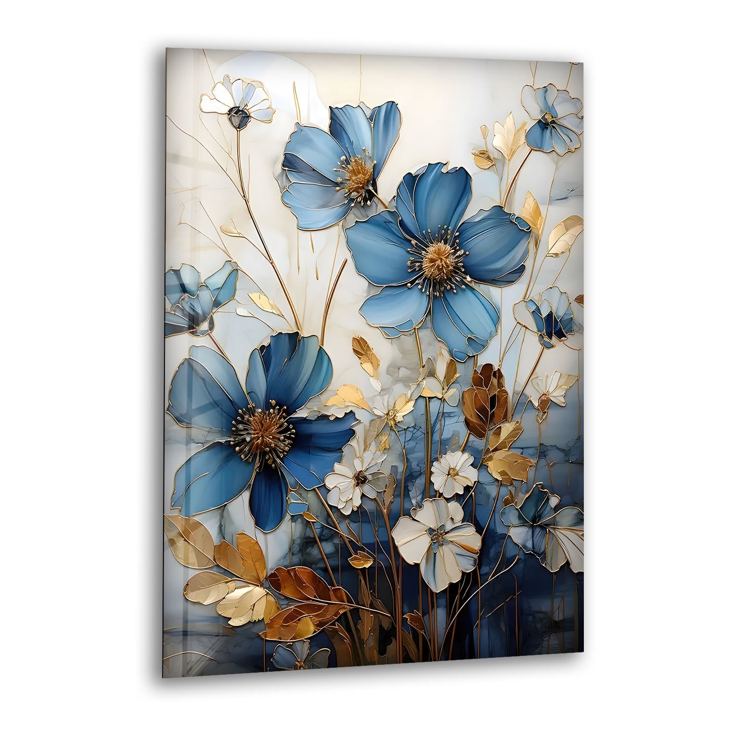 Blue and White Botanical Glass Wall Art - Handmade Floral Decor for Living Room, Bedroom, or Office - Perfect for Home and Office Decorations