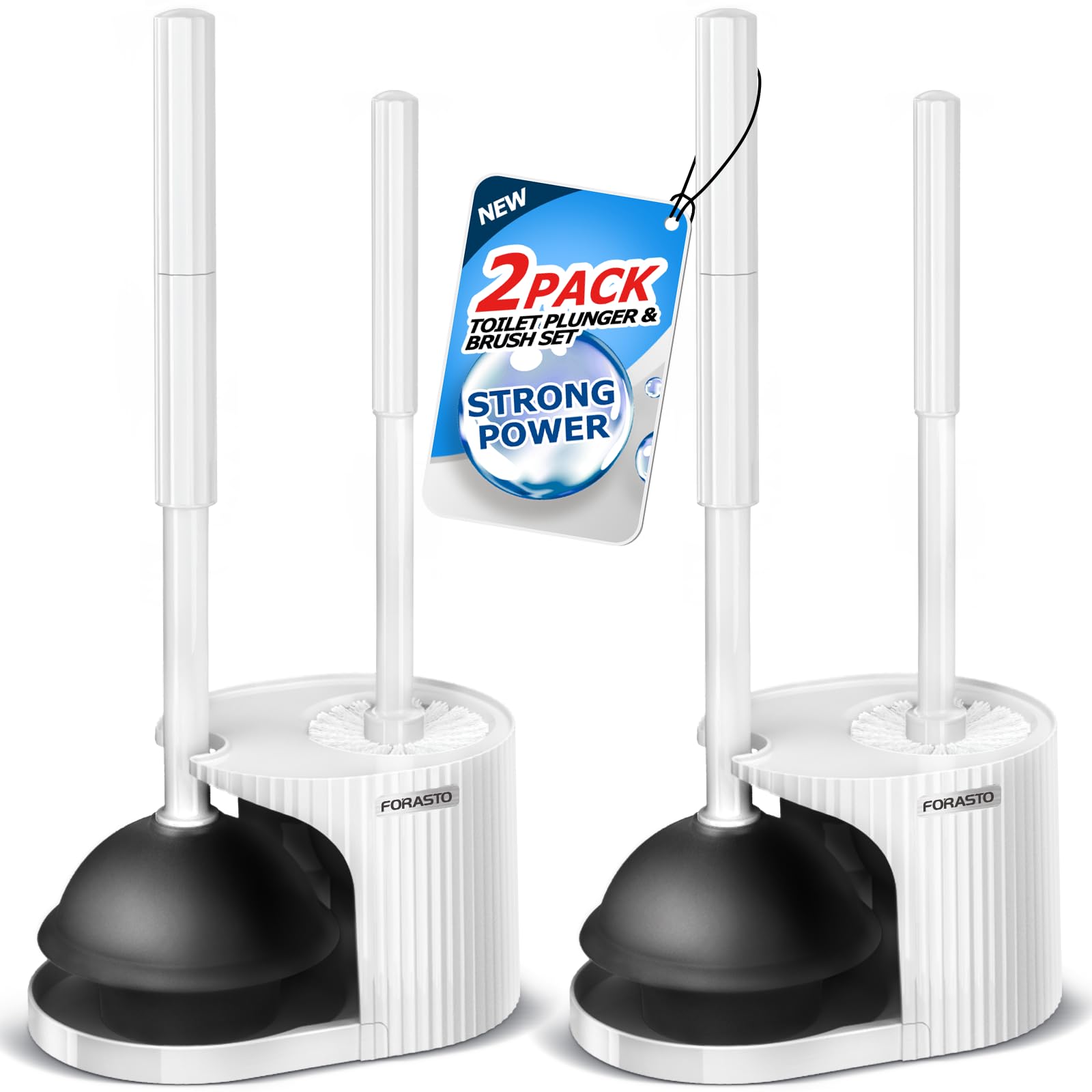 2-Pack 2-in-1 Toilet Brush and Plunger Set with Extended Handle - Bathroom Cleaning Tools Combo for Toilet Bowl Cleaning - White (Ideal for Home, Apartment & RV Bathroom Maintenance)