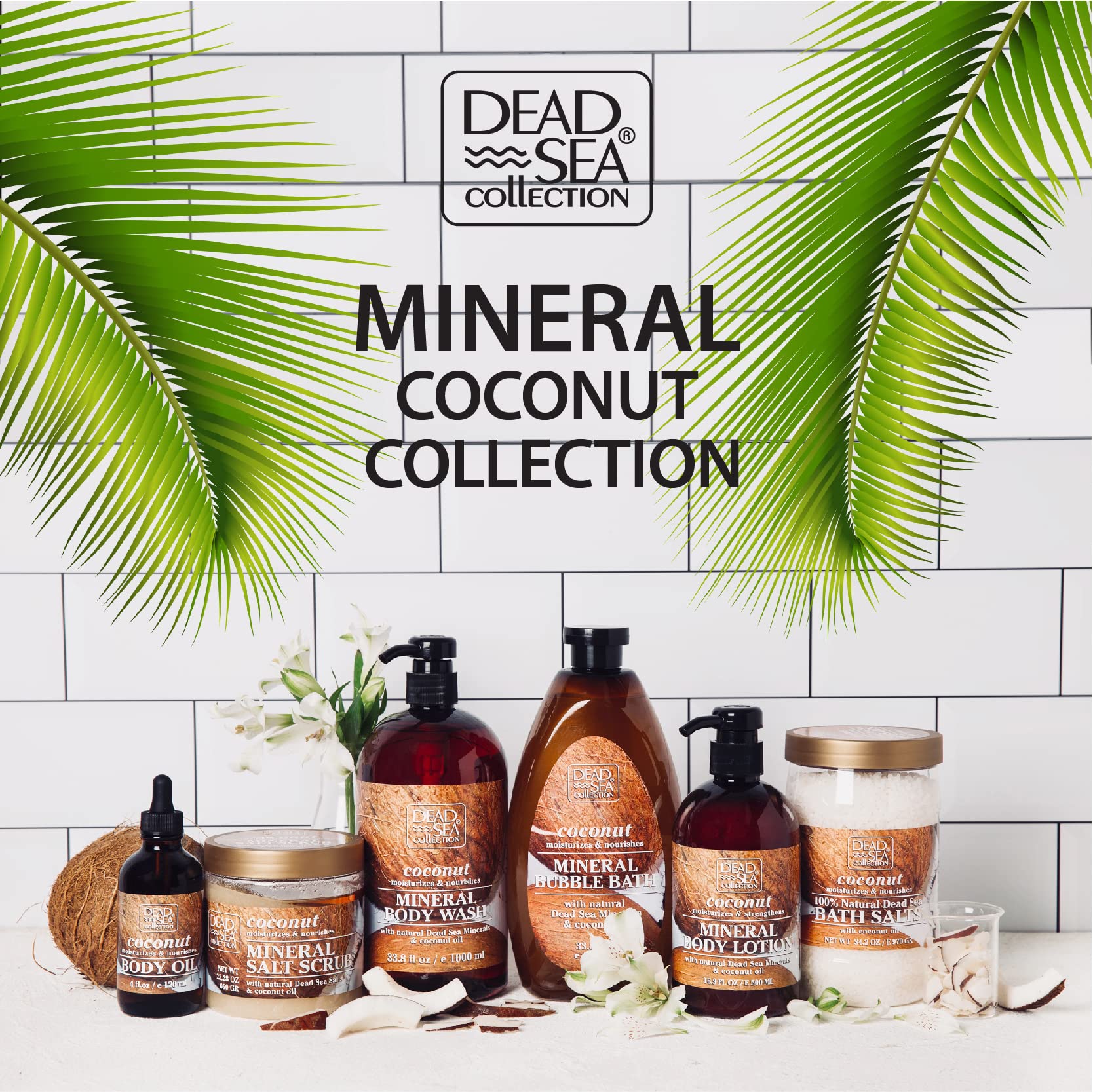 Dead Sea Coconut Body Wash & Bath Salts Gift Set - 2 Pack (67.6 fl oz) + 34.2 oz Bath Salts - Moisturizing & Relaxing Spa Bundle for Dry Skin Care & Stress Relief at Home