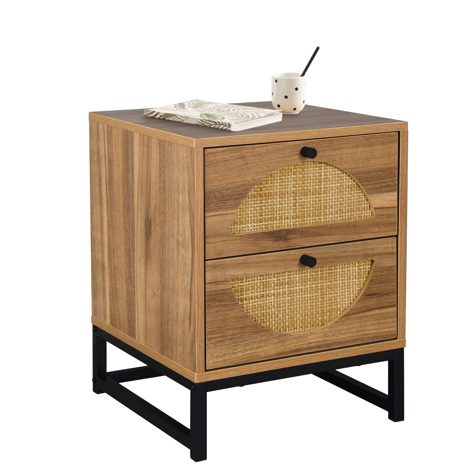 Rattan Nightstand with 2 Drawers & Metal Legs - Natural Rustic Bedside Table for Bedroom, Living Room | End Table with Storage Shelf for Home Decor & Organization