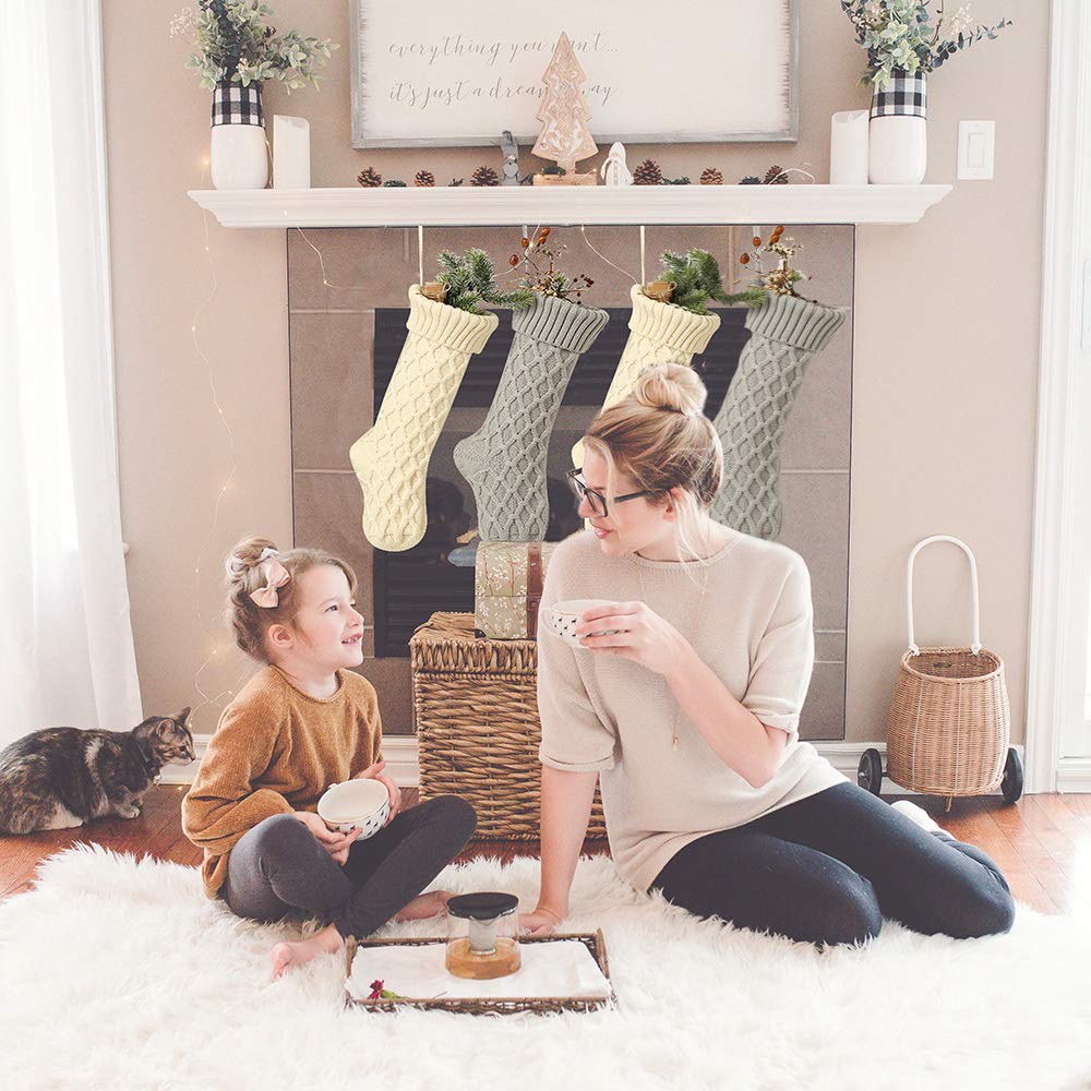 Premium Cable Knit Argyle Christmas Stockings - 18 Inch Large Size, Personalized Ivory White & Gray Holiday Decor (4 Pack) | Perfect for Family Gift Exchange, Fireplace Mantel Decorations & Festive Home Styling