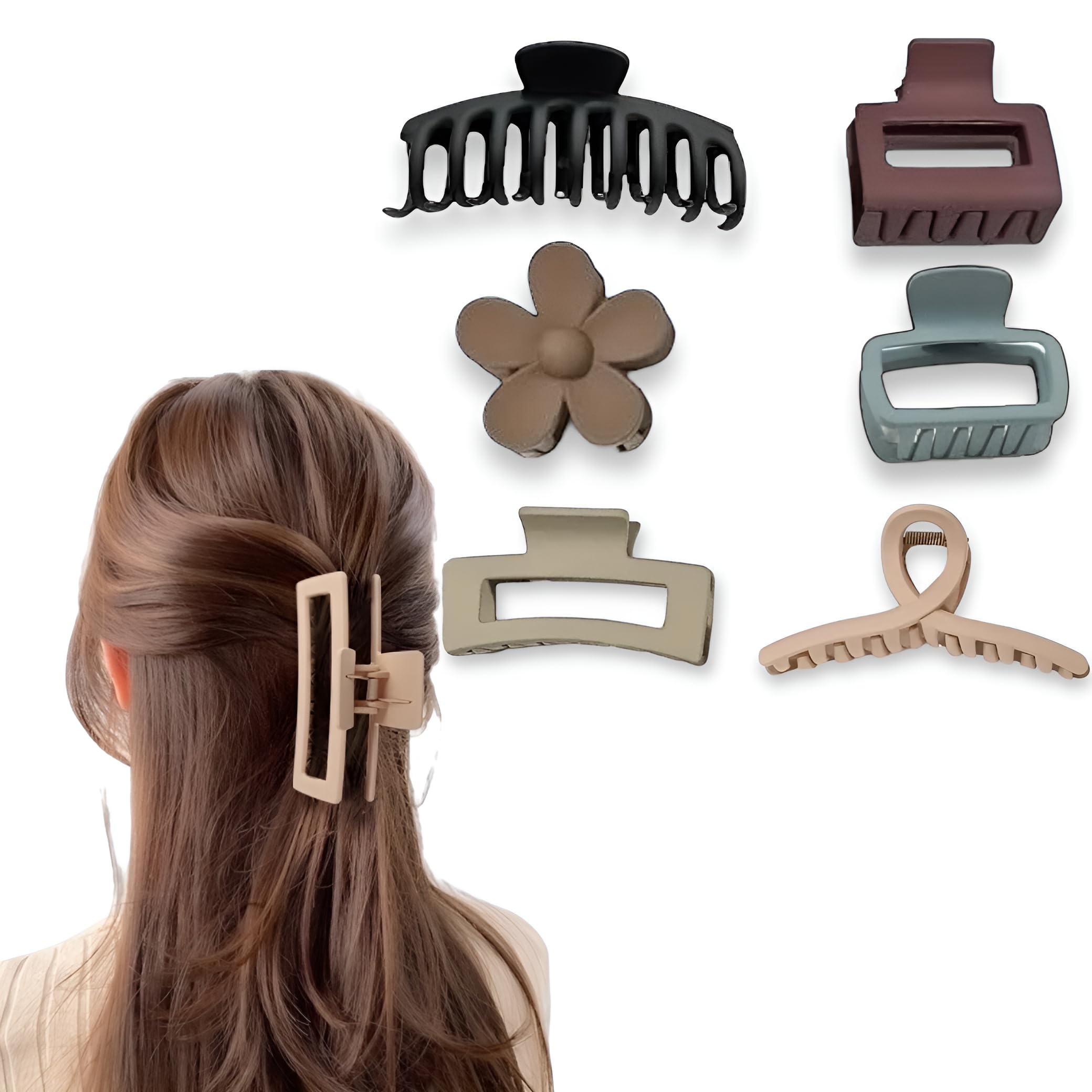 BAKEFY 6-Piece Hair Claw Clips Set - Large Medium Small Sizes for Thin & Thick Hair | Non-Slip Grip Hair Clamps for Women & Girls | Variety Pack with Different Shapes | Perfect for Ponytails, Buns & Everyday Hairstyles