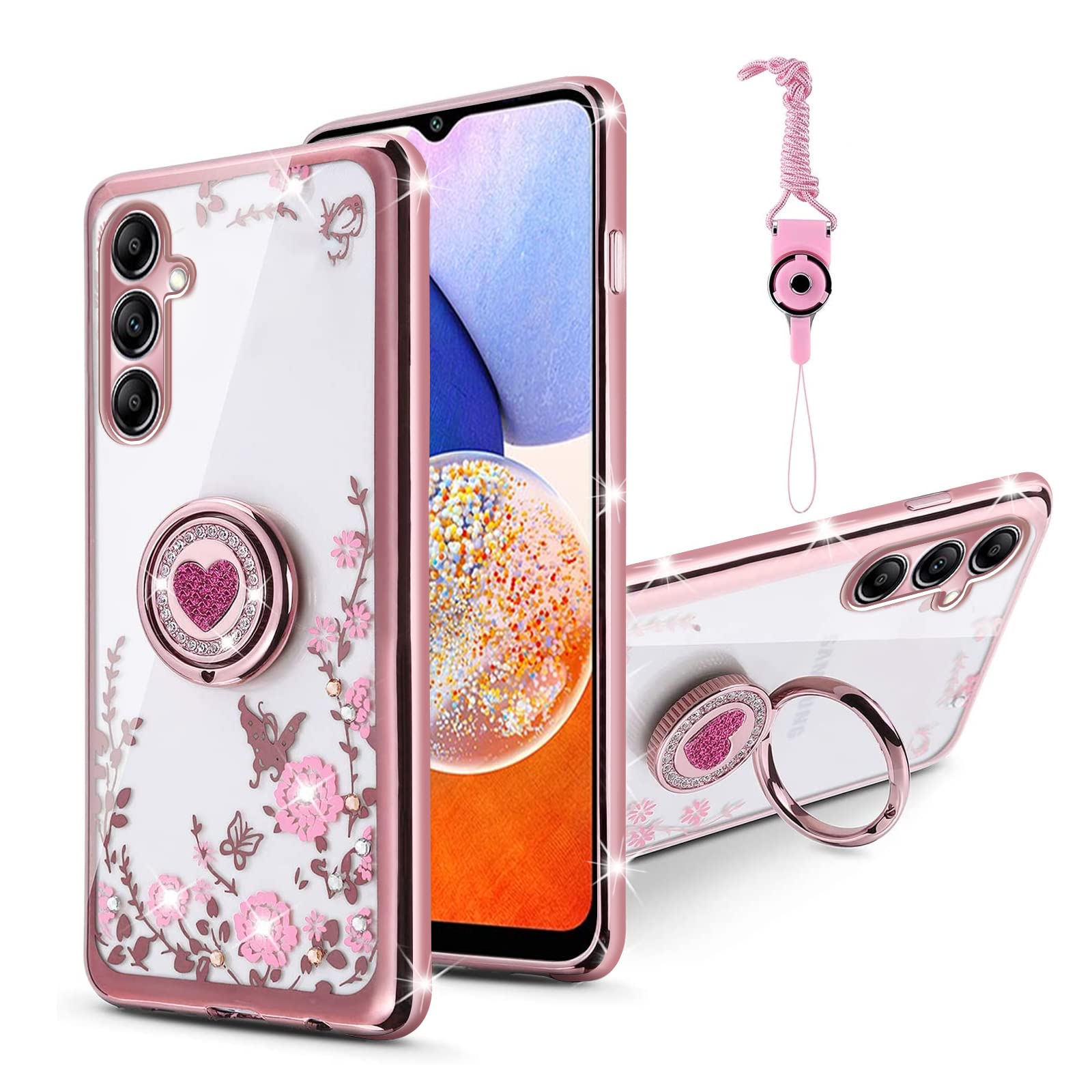Samsung Galaxy A14 5G Case - Glitter Crystal Butterfly Heart Floral Slim TPU Protective Cover with Ring Holder & Strap for Women (Rose Gold) | Cute Bling Phone Case for Everyday Use, Work & Travel