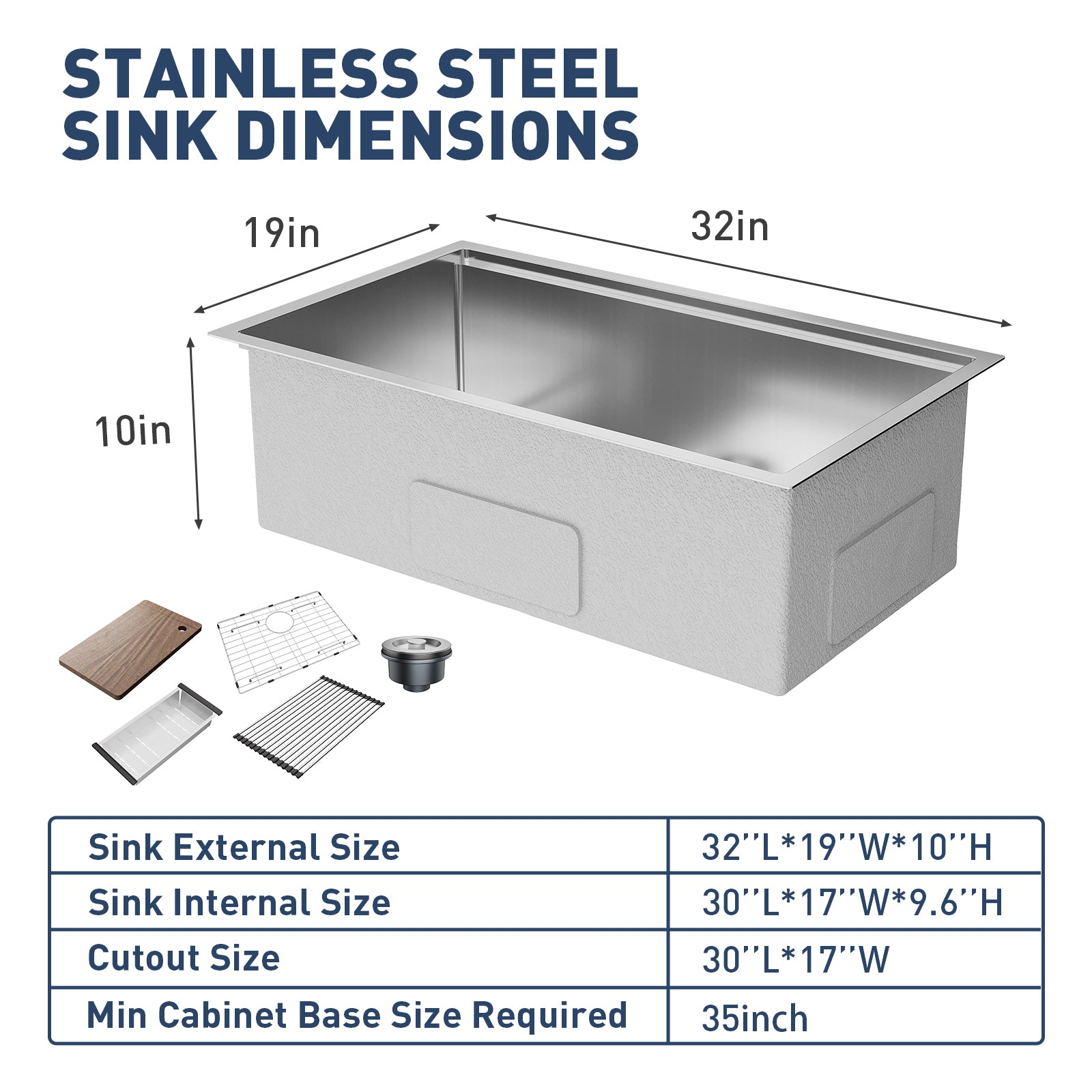 GARVEE 32 Inch Undermount Single Bowl Stainless Steel Kitchen Sink with Drain Board & Accessories - Heavy Duty Commercial Grade Utility Sink Basin for Kitchen, Laundry Room & RV (32x19x10 Inches) - Perfect for Food Prep, Dish Washing & Clothes Soaking