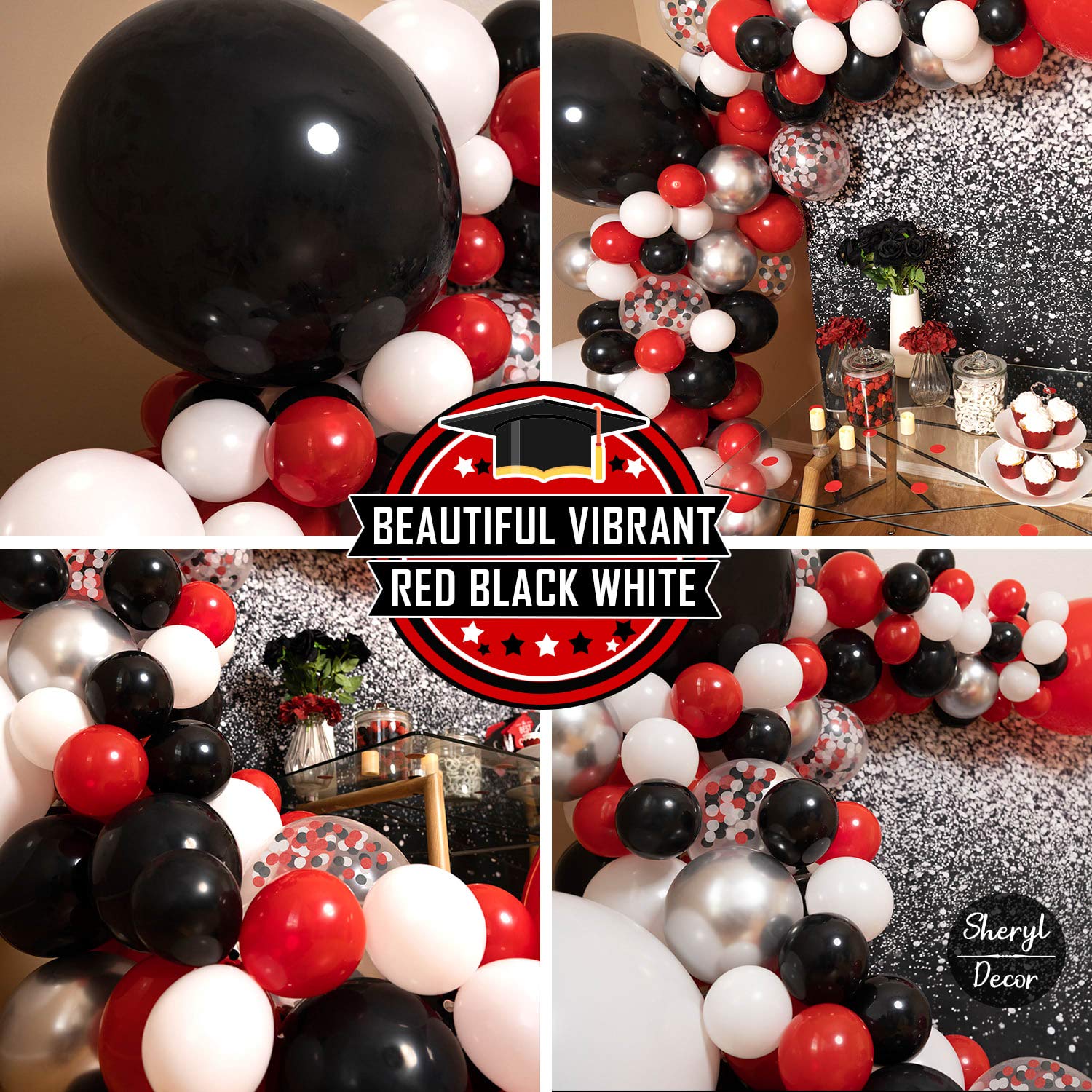 100 Red Black & White Balloons - Party Decorations Pack for Deadpool Birthday, Lumberjack Baby Shower, Graduation, Pirate, Ladybug, Race Car & Poker Themes | Small & Large Balloons for Indoor/Outdoor Decor, Photo Backdrops & Celebration Events