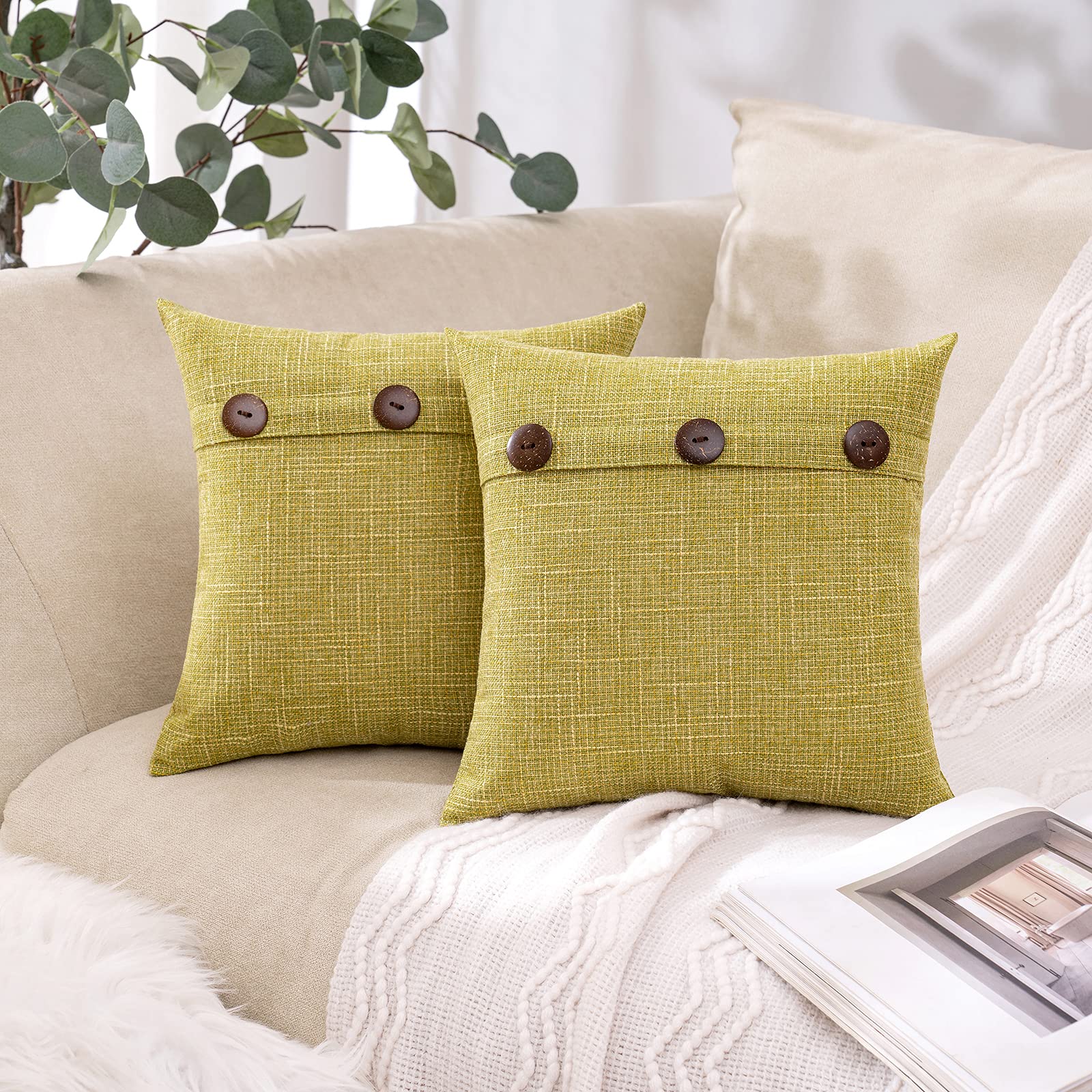 MIULEE Set of 2 Vintage Farmhouse Linen Throw Pillow Covers - 14x14 Inch Decorative Cushion Cases with Triple Button Closure for Couch, Sofa & Bed - Chartreuse Green Home Decor for Living Room, Bedroom & Farmhouse Style