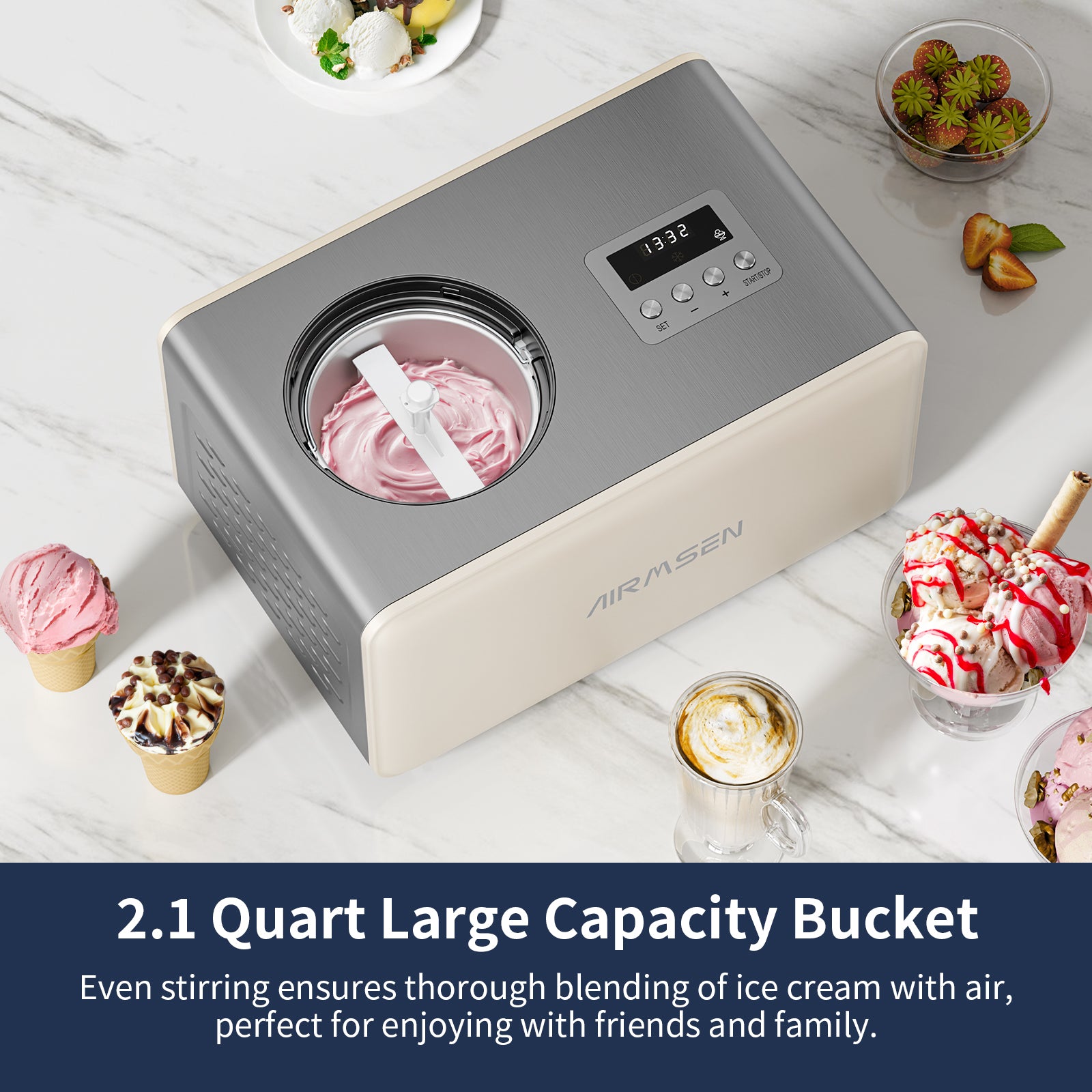 2.1 Qt Automatic Ice Cream Maker with Built-in Compressor - No Pre-Freezing Needed, LED Display & Timer - Perfect for Home, Parties, and Dessert Shops