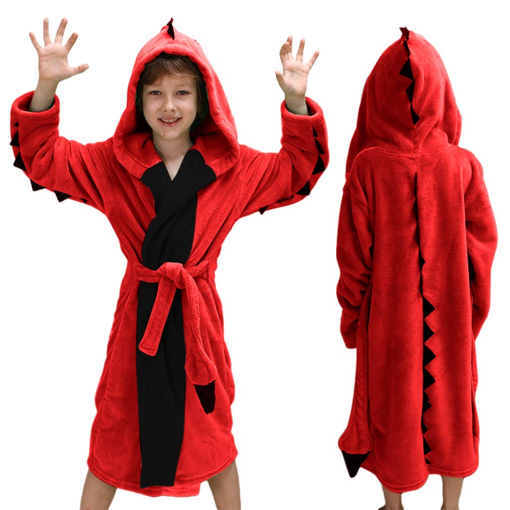 Lontakids Boys Dinosaur Plush Fleece Bathrobe with Hood - Soft Animal Sleep Robe for Kids Ages 3-8 - Perfect for Bath Time, Bedtime & Cozy Lounging