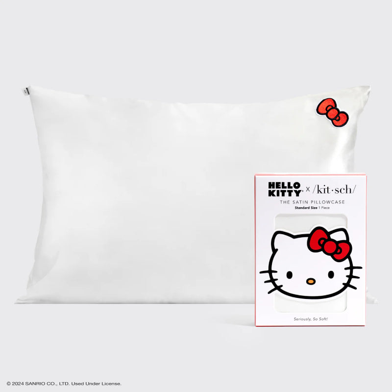 Hello Kitty x Kitsch Satin Pillowcase with Solid Ivory Kitty Bow - Soft & Smooth Hair Care Pillow Cover for Women & Girls - Perfect for Bedroom, Gift, or Travel
