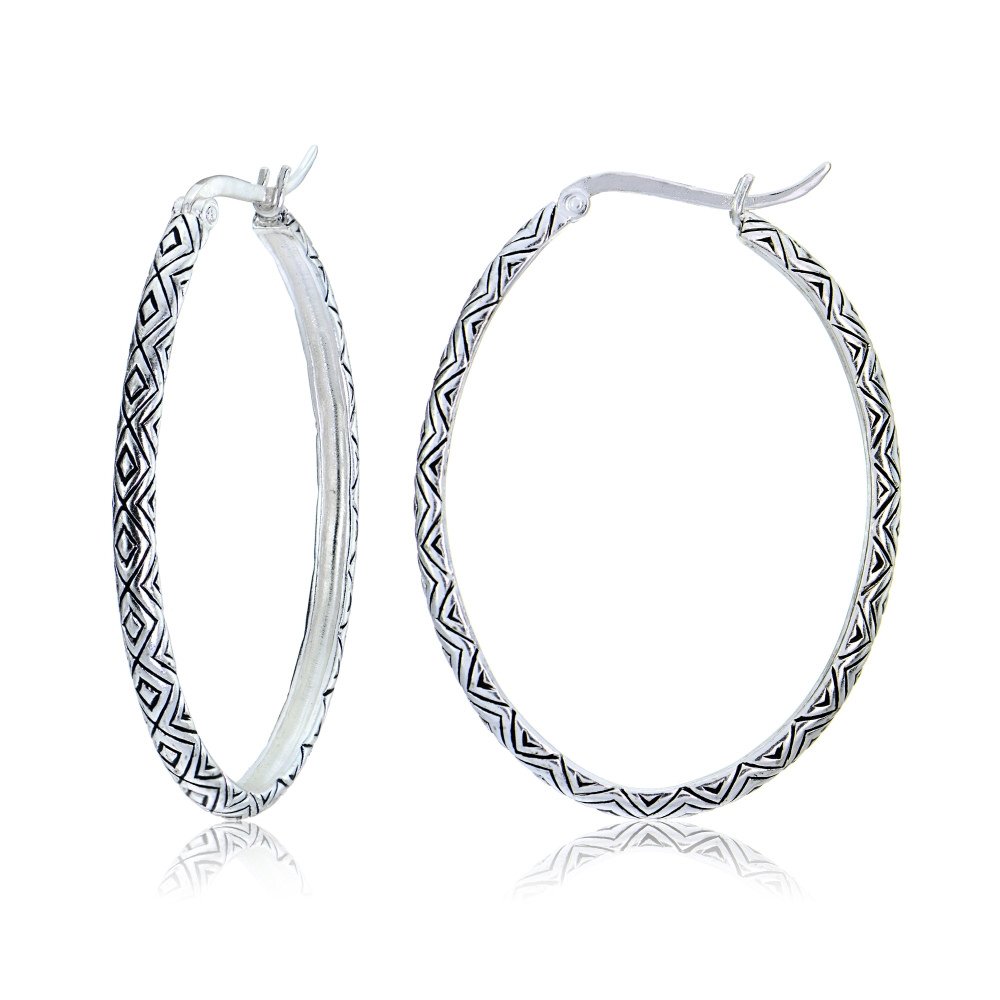 Sterling Silver & Gold Plated Oval Hoop Earrings for Women - Elegant Etched Design Dangle Earrings (Rose Gold, Yellow Gold, Silver) | Perfect for Weddings, Parties & Everyday Wear