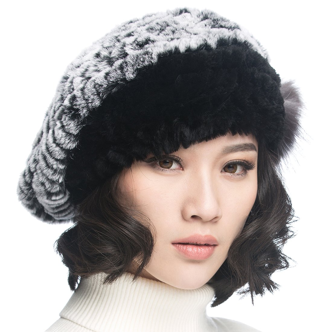 Women's Winter Rex Rabbit Beret Hat with Floral Embellishment - Elegant and Warm Winter Fashion Accessory for Casual Outings and Holiday Parties