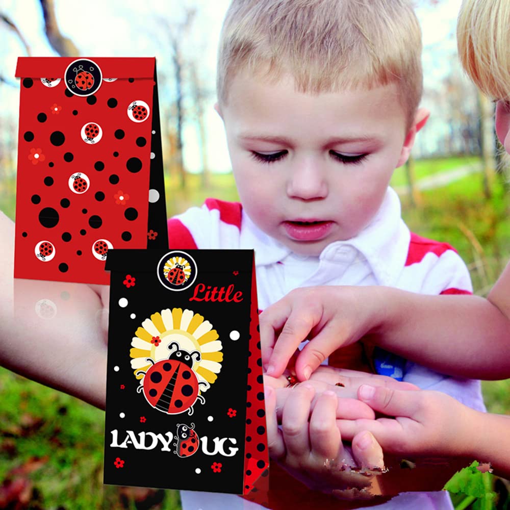 Ghberll Ladybug Party Favor Kit - 30Pcs Red & Black Polka Dot Party Bags with Matching Table Cover - Perfect for Birthday Party Decorations & Candy Treats | Ideal for Kids' Birthday, Baby Shower & Themed Celebrations