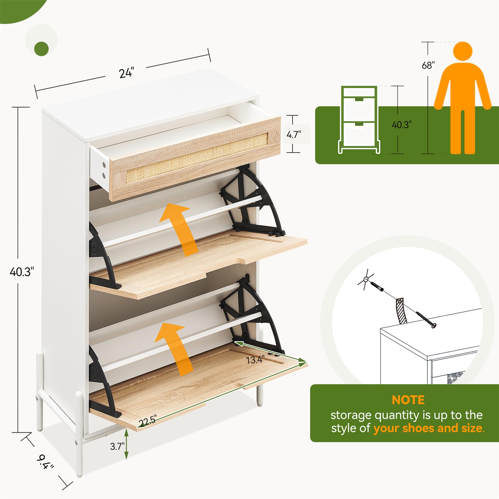 IDEALHOUSE Natural Rattan 2-Door Shoe Cabinet with Drawer - Freestanding Shoe Storage Organizer for Entryway, 3-Tier Adjustable Shelves - Perfect for Slippers, Sneakers, Heels & Boots | Ideal for Small Spaces, Apartments & Closet Organization