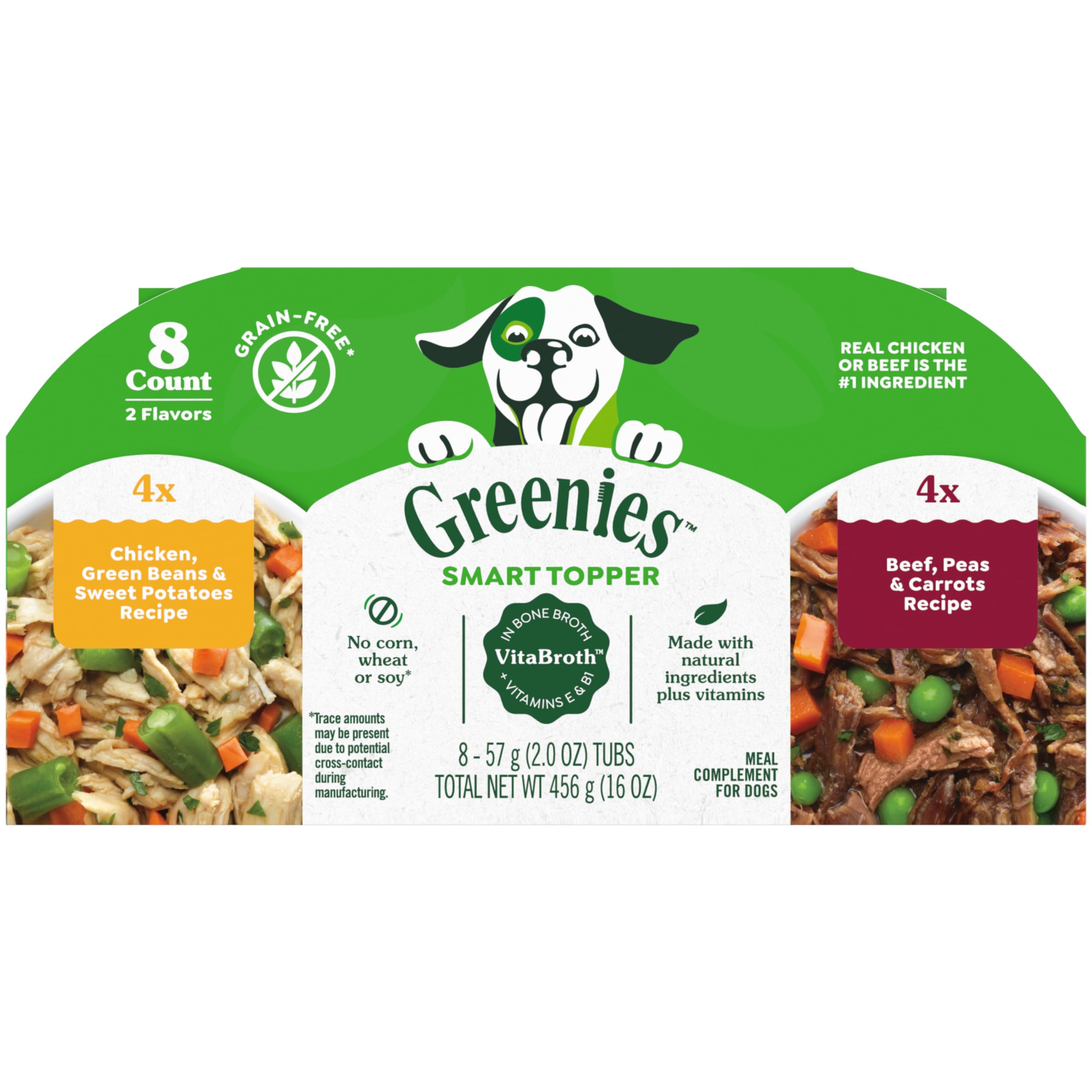 Greenies Smart Topper High Protein Wet Dog Food Mix-in - Chicken, Green Beans & Sweet Potatoes + Beef, Peas & Carrots Variety Pack (8 x 2oz Trays) - Perfect for Picky Eaters & Meal Toppers