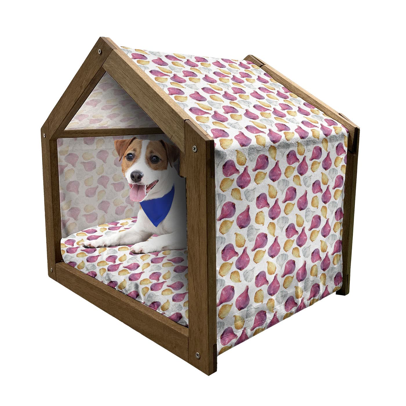Ambesonne Wooden Pet House for Dogs - Watercolor Onion Shallot Garlic Design, Indoor & Outdoor Portable Dog Kennel with Removable Pillow & Cover, Large Size in Fuchsia Sand Brown - Perfect for Home, Yard, and Travel Use