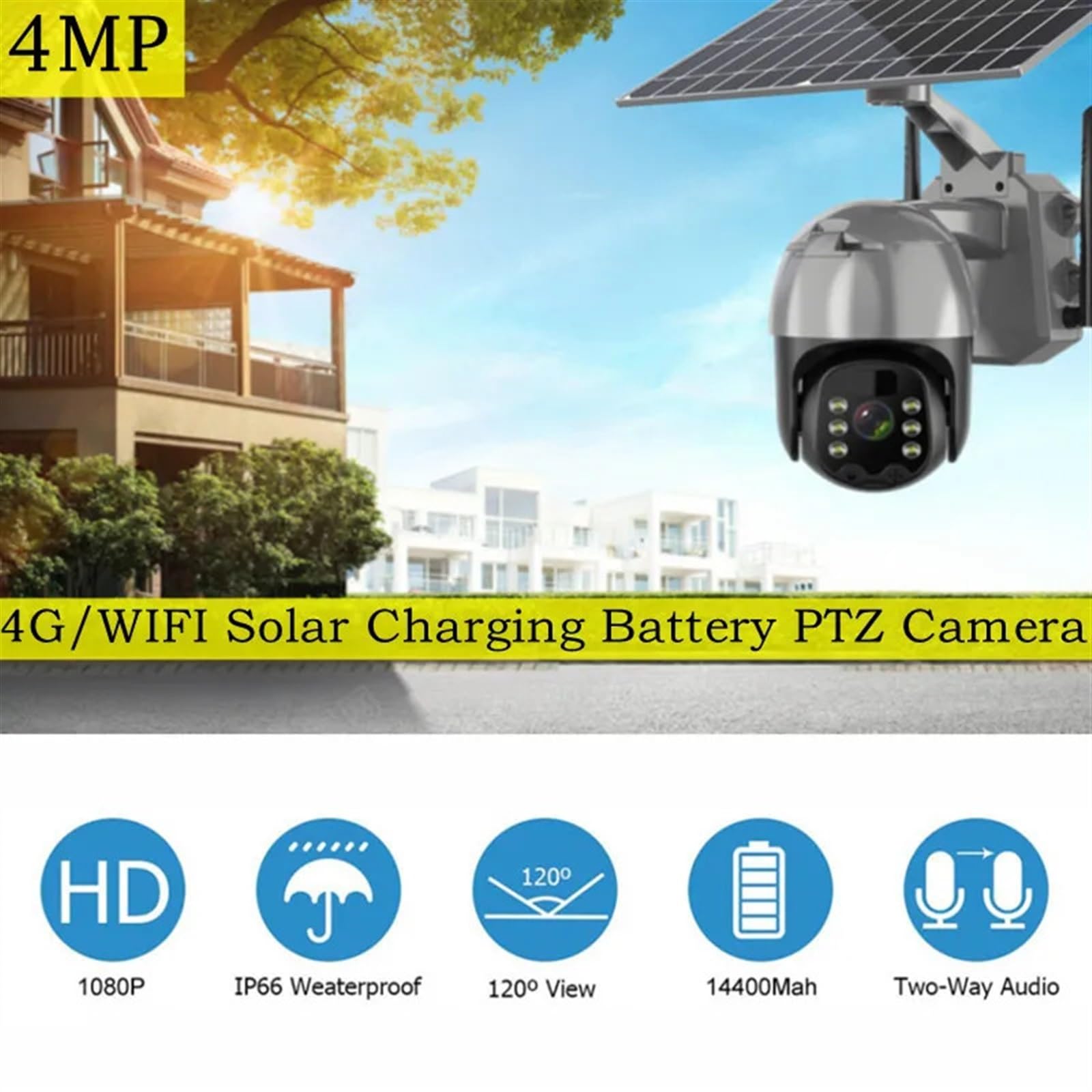 4G Solar Wireless Outdoor Security Camera with SIM Card, Built-in Battery, 4MP HD, PTZ, PIR Motion Detection & Night Vision for Home Surveillance - Ideal for Backyard, Garage & Property Monitoring (4G Camera On)