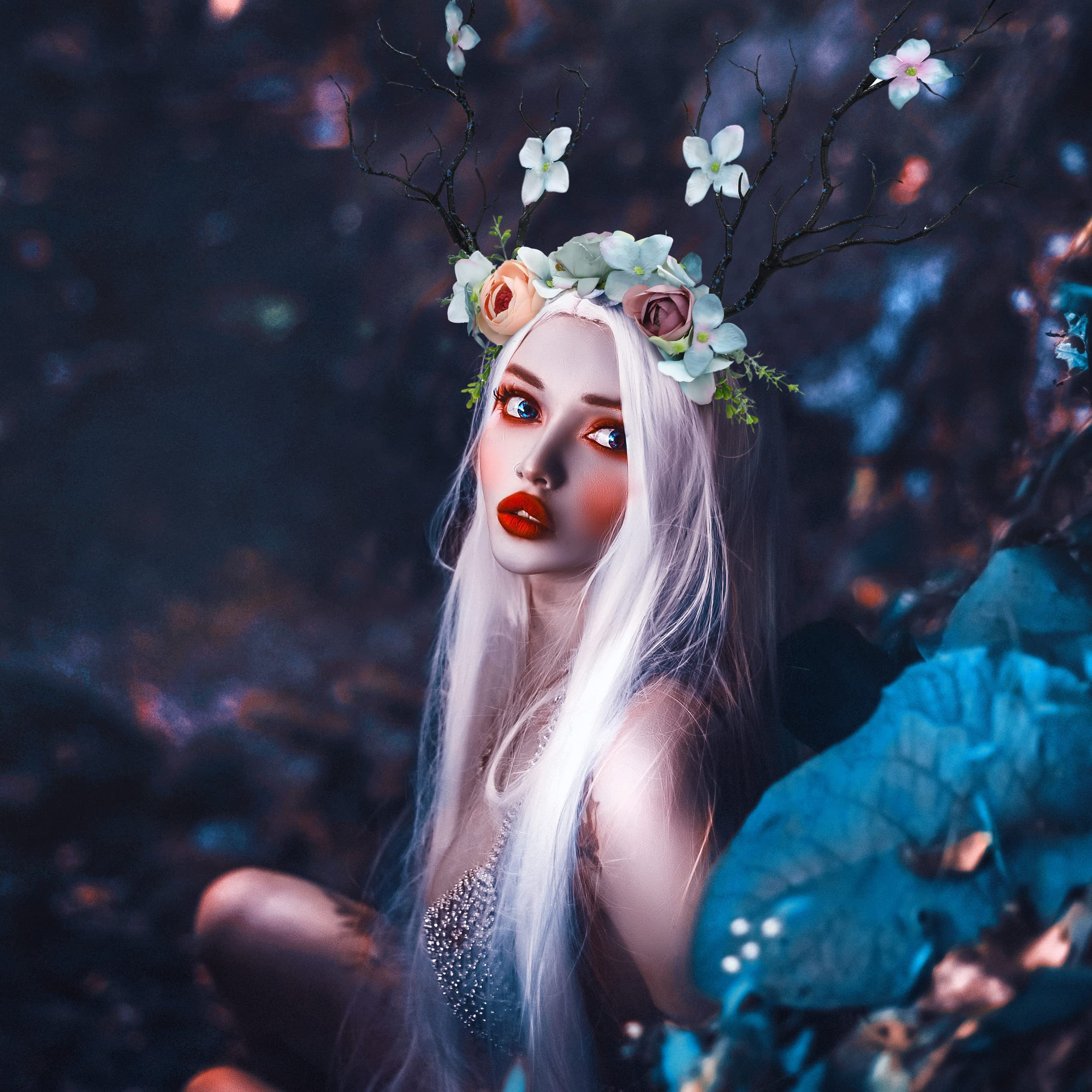 Woodland Antler Crown with Elf Ears & Flower Tiara - Renaissance Fairy Costume Headpiece for Halloween, Cosplay, LARP, Renfaire | Forest Elf Accessories for Fantasy Parties & Photoshoots