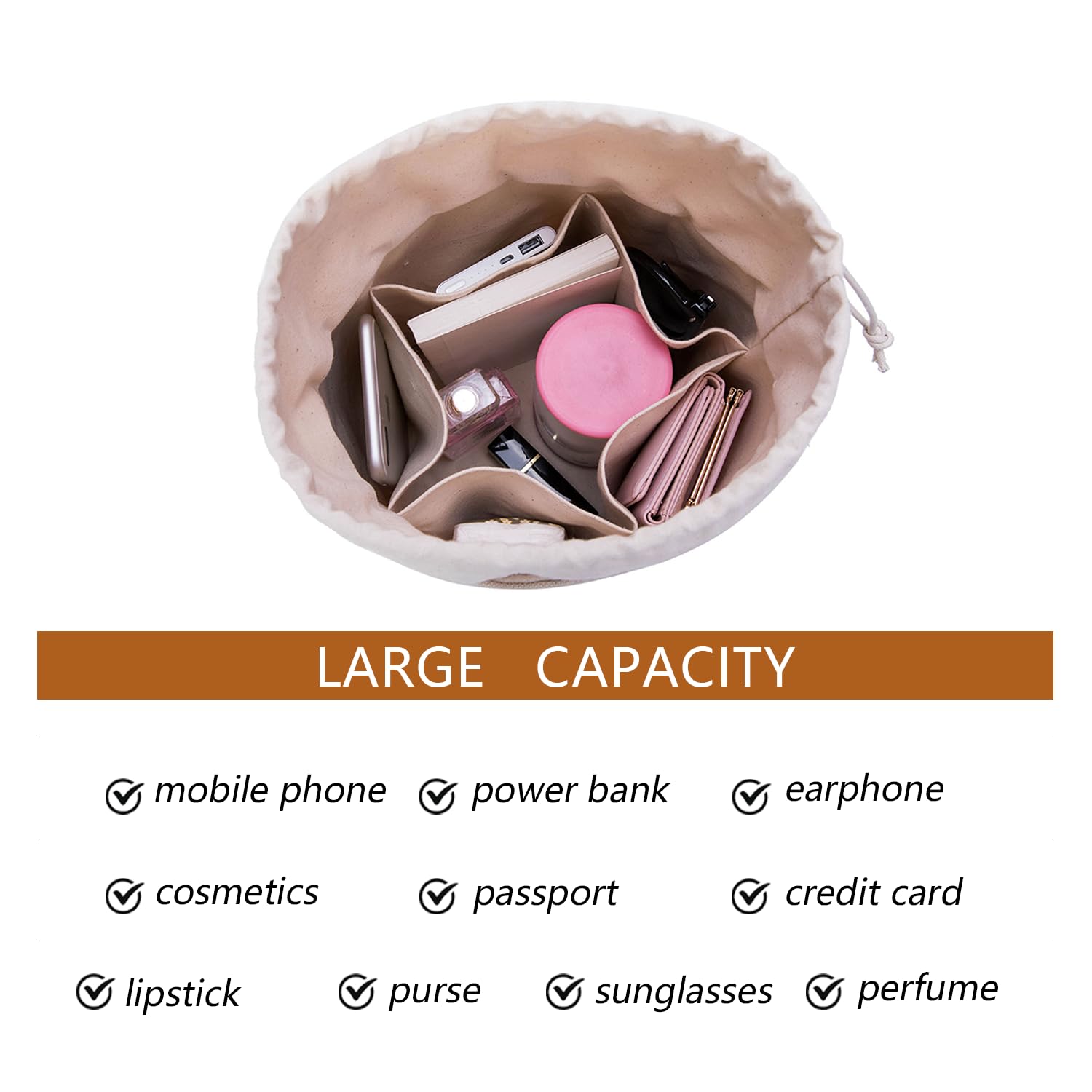 Women's Tall Round Handbag Organizer Insert - Canvas Purse Storage & Cosmetic Pouch for Bucket Bags - Perfect for Makeup, Travel & Daily Essentials Organization