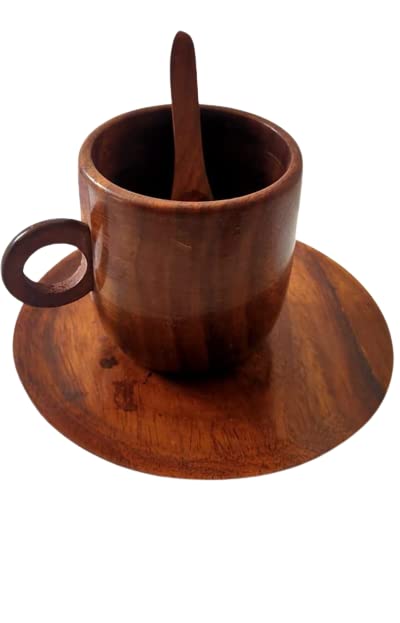 Handmade Vintage Wooden Mug Set - Wood Coffee Cup, Espresso & Tea Cup with Saucer & Spoon - Eco-Friendly Wooden Drinkware for Camping, Picnics & Rustic Home Decor