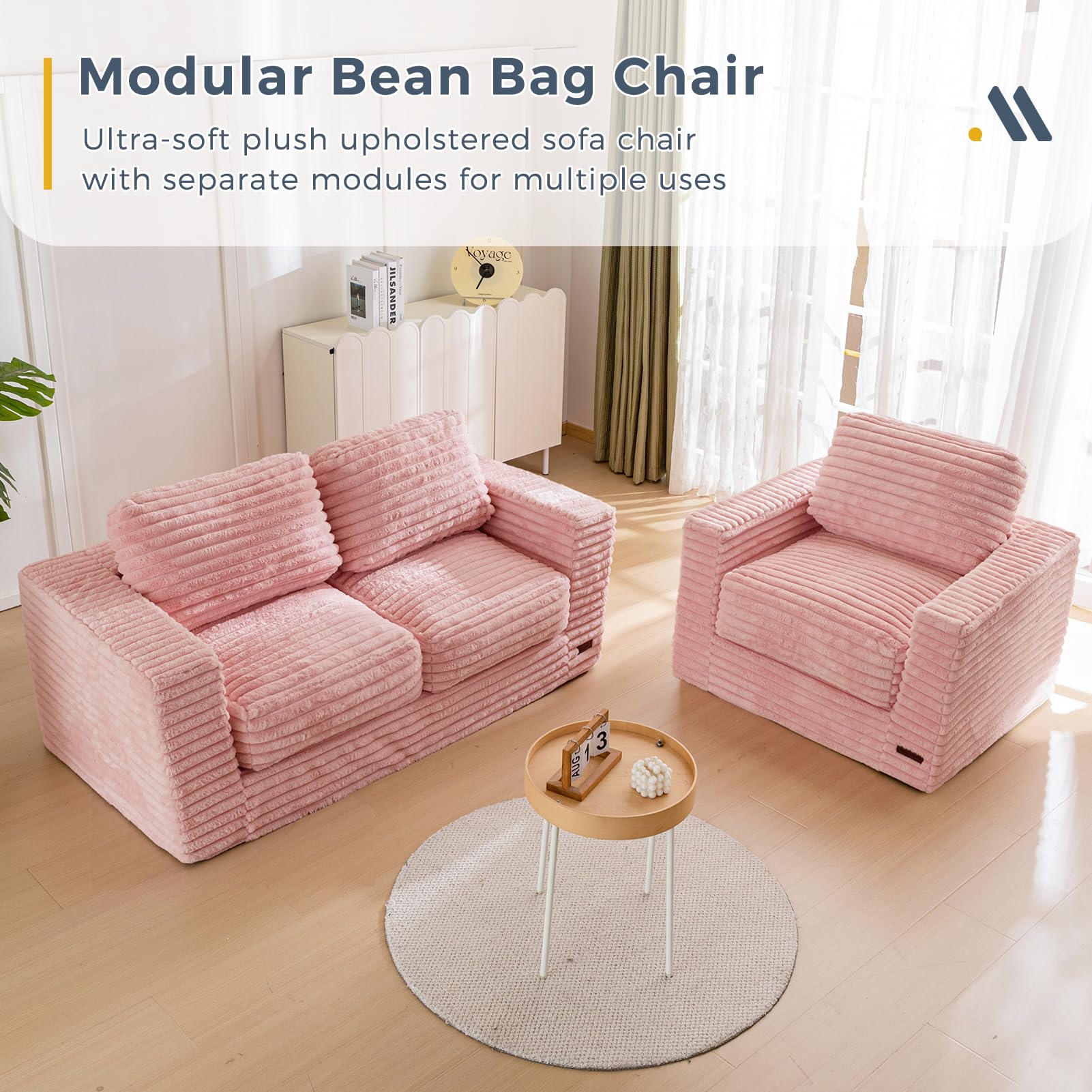 MAXYOYO Striped Faux Fur Bean Bag Chair - 2 Seat Floor Sofa with Pillows & Armrests, Pink - Cozy Living Room Seating for Teens & Adults, Perfect for Gaming, Movie Nights & Relaxation