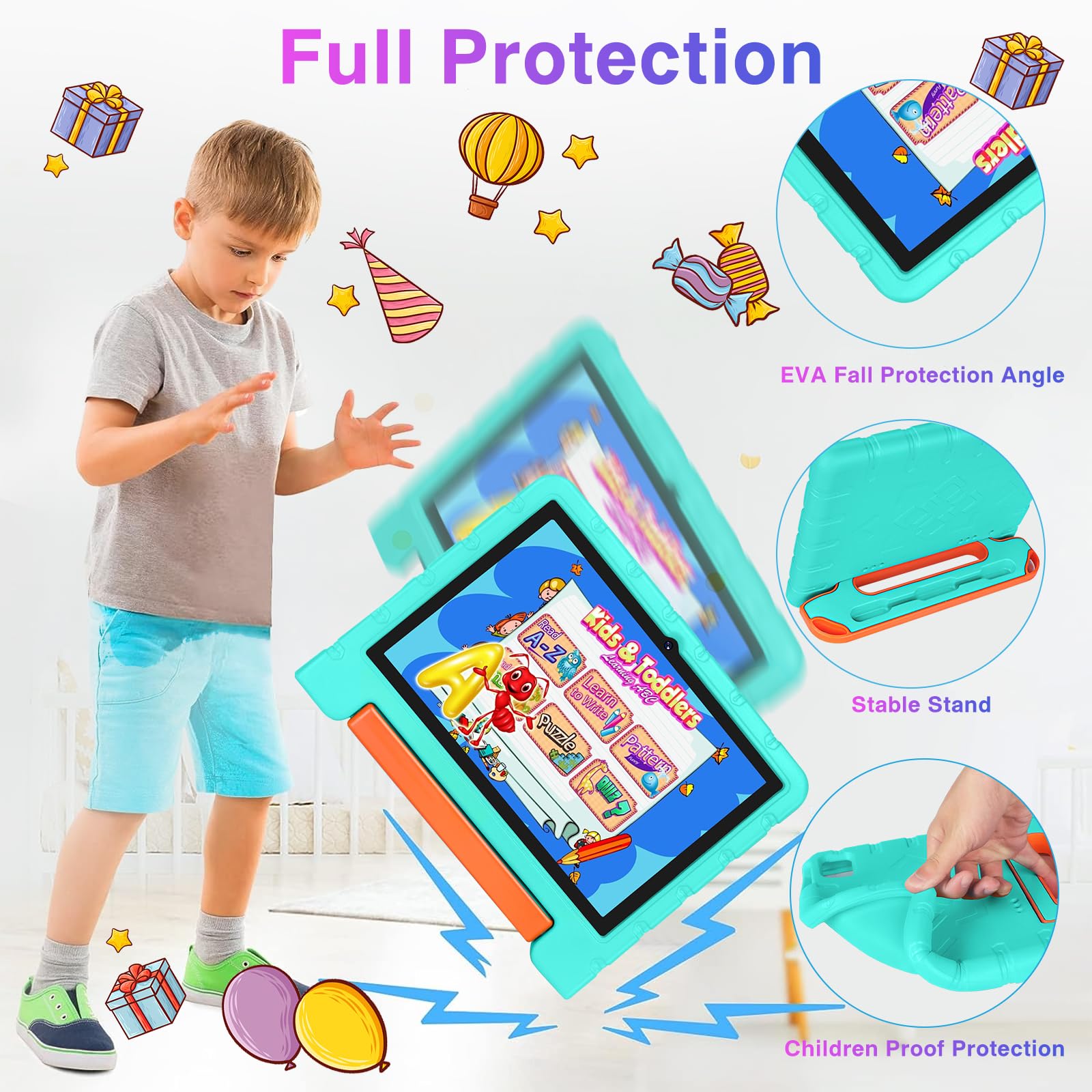 ZIOVO 10 Inch Android 13 Tablet with 12GB RAM 128GB ROM (Expandable to 1TB), 5G WiFi, Octa-Core 2.0GHz Processor, Bluetooth 5.0, 8MP+5MP Dual Camera, 6000mAh Battery - Kids Tablet with EVA Protective Case (Green) - Perfect for Online Learning, Gaming & Entertainment