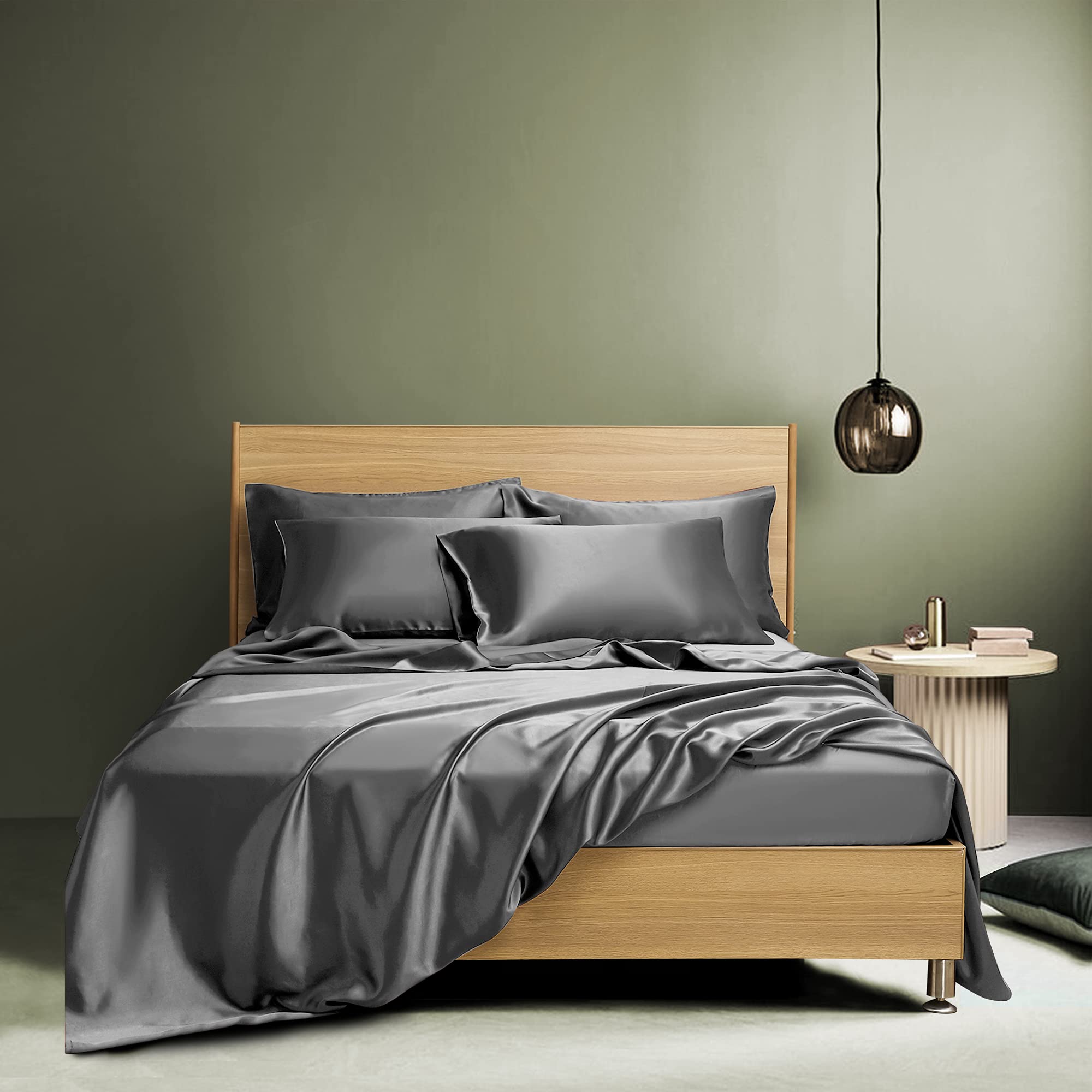Luxury Candoury Satin Sheets 6-Piece Bed Set - California King Size Silky Soft & Durable Bedding Set with Pillowcases, Flat & Fitted Sheet - Hotel Quality Dark Grey Satin Sheets for Ultimate Comfort & Elegant Bedroom Decor