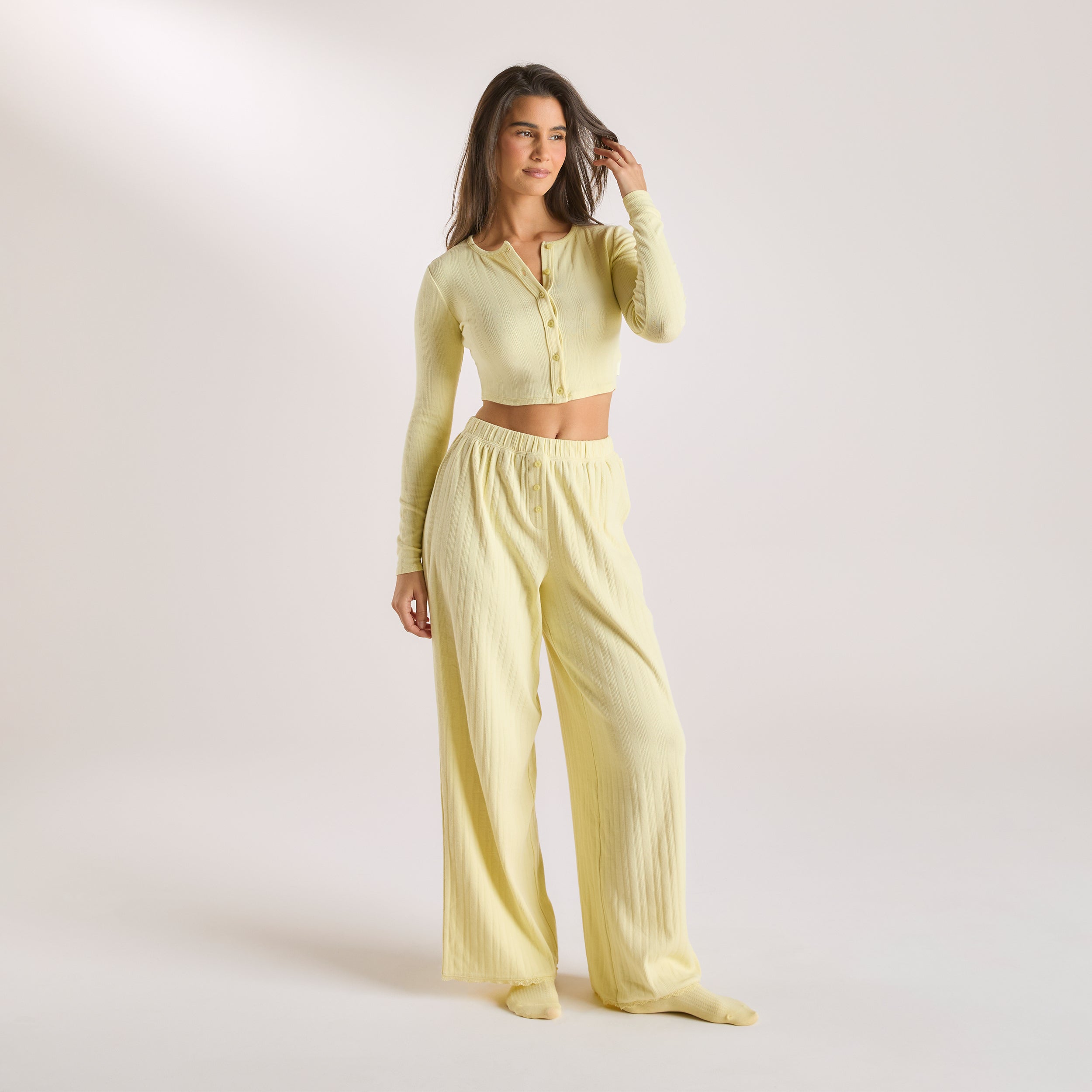 Buttercup Yellow Pointelle Pajama Pants for Women - Soft & Comfortable Sleepwear for Lounge & Relaxation at Home