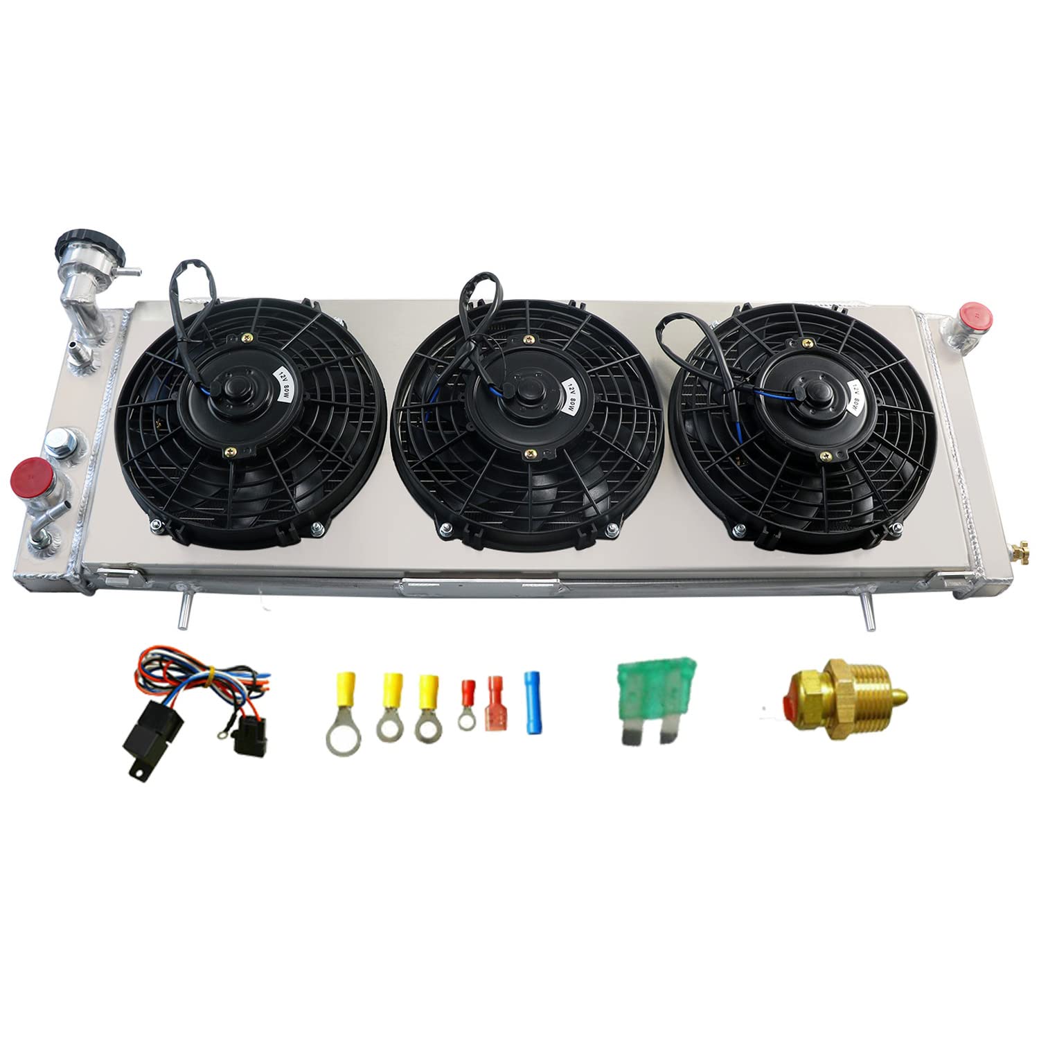 4 Row Aluminum Radiator Shroud with Fan Relay - Compatible with 1991-2001 Jeep Cherokee XJ, Comanche, Wagoneer (2.5L L4 & 4.0L L6, AT/MT) - Perfect for Off-Roading, Overheating Protection & Engine Cooling