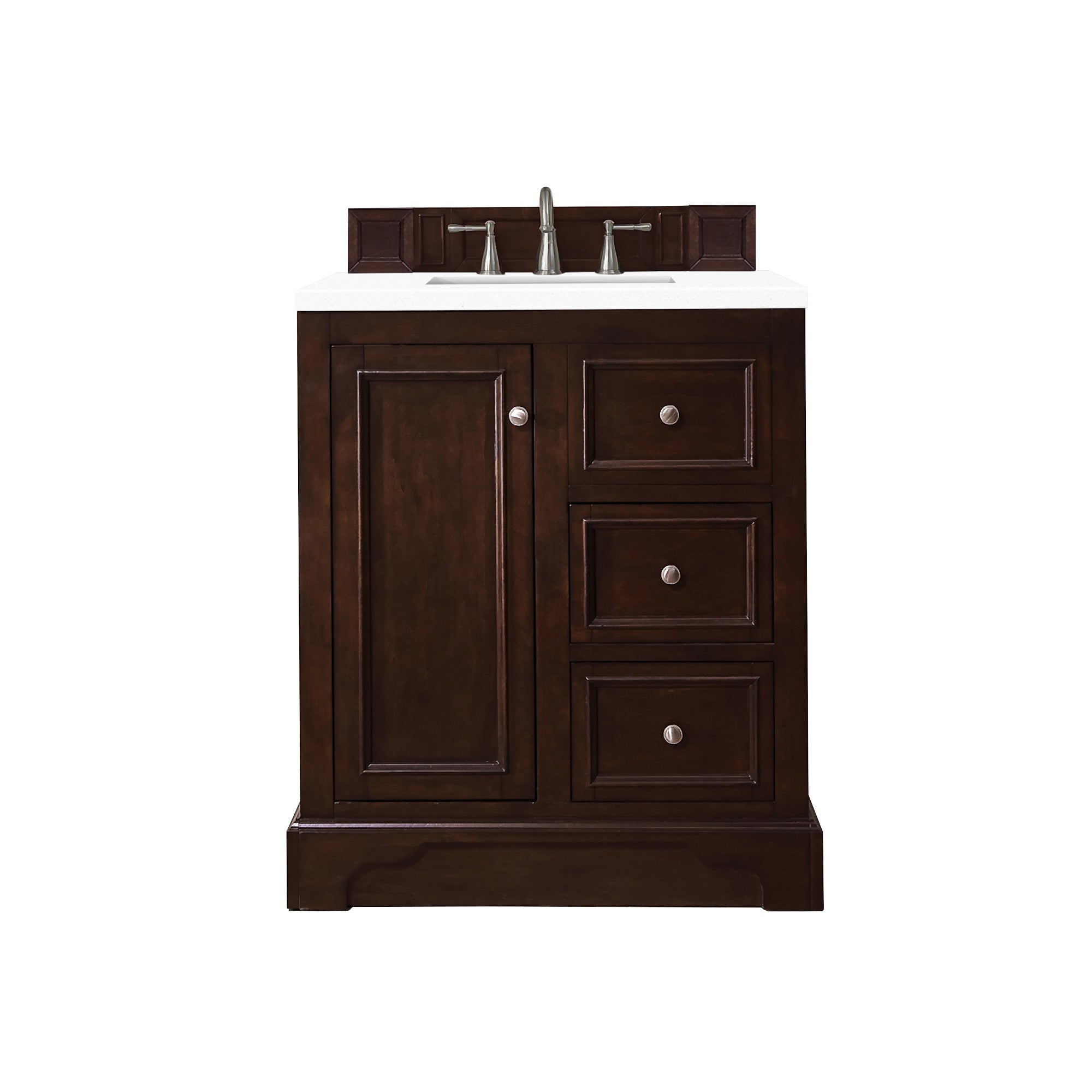 De Soto 30 Inch Single Bathroom Vanity with Burnished Mahogany Finish & 3CM Classic White Quartz Countertop - Perfect for Modern Home Bathroom Renovation and Small Space Design
