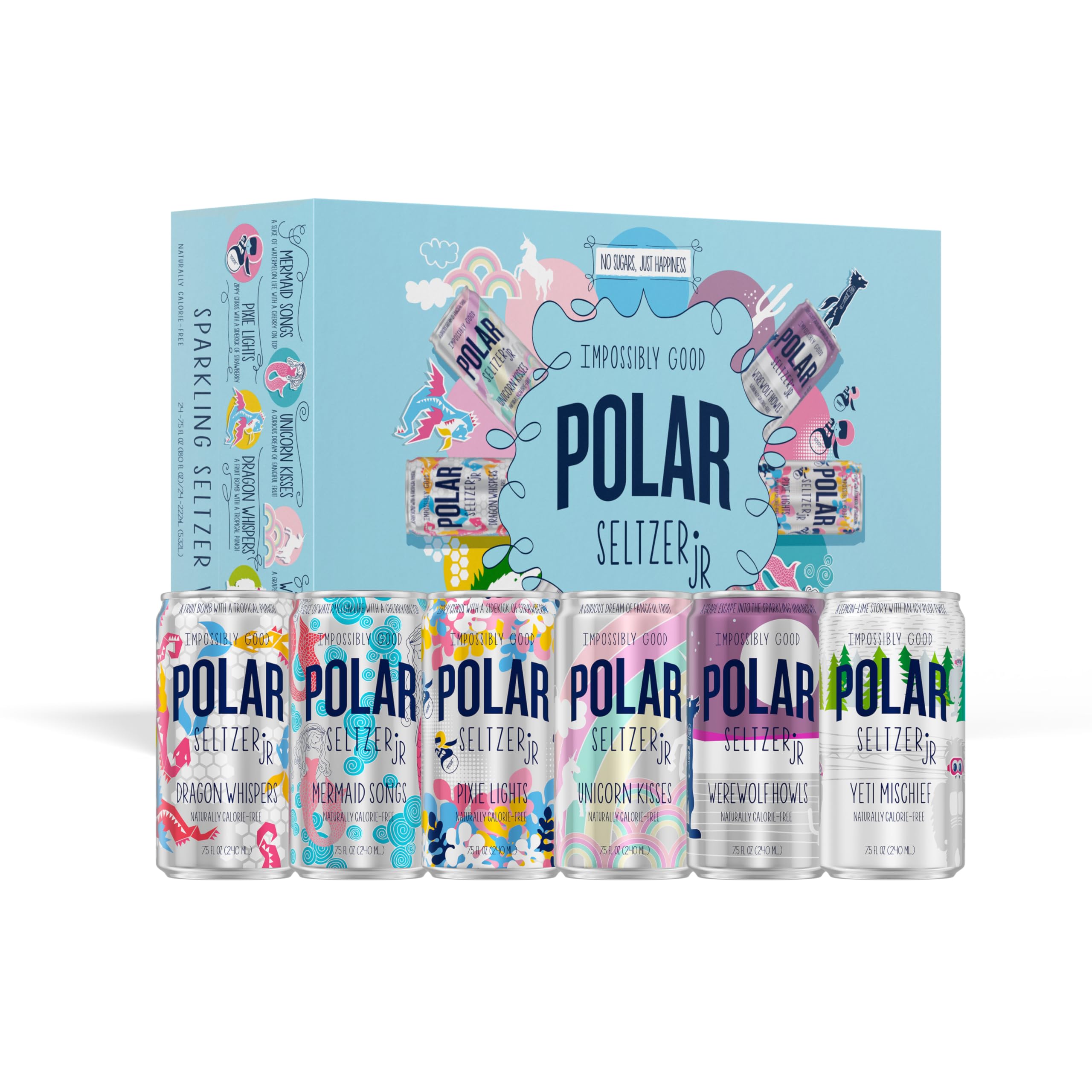 Polar Seltzer Jr Variety Pack - 24 Mini Cans (7.5 fl oz) | 6 Refreshing Flavors | Sugar-Free & No Sweeteners | Perfect for Lunchboxes, Office Snacks & On-the-Go Hydration