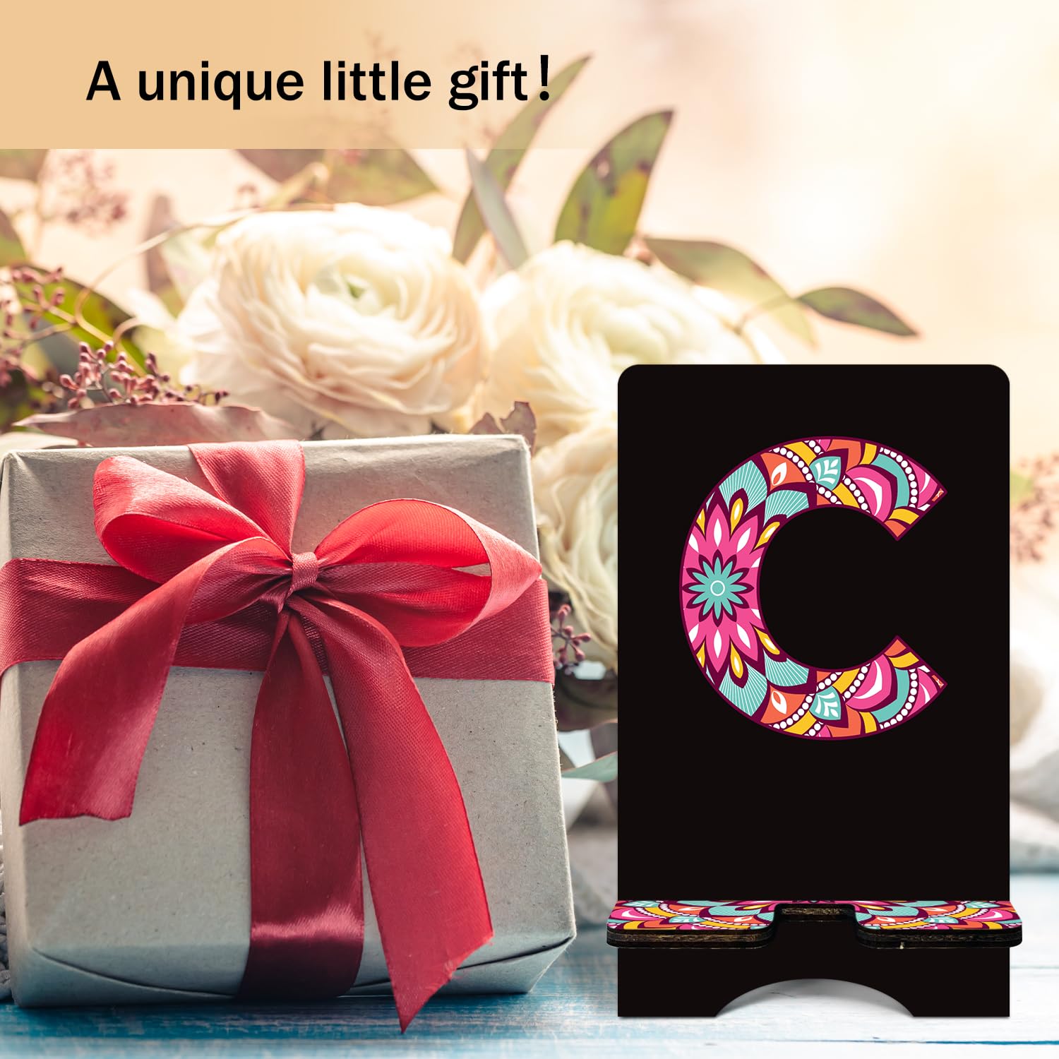 Personalized Initial Wooden Phone Stand - Universal Desk & Office Cell Phone Holder with Charging Hole for iPhone, Samsung, Tablets - Perfect for Work, Home & Video Calls